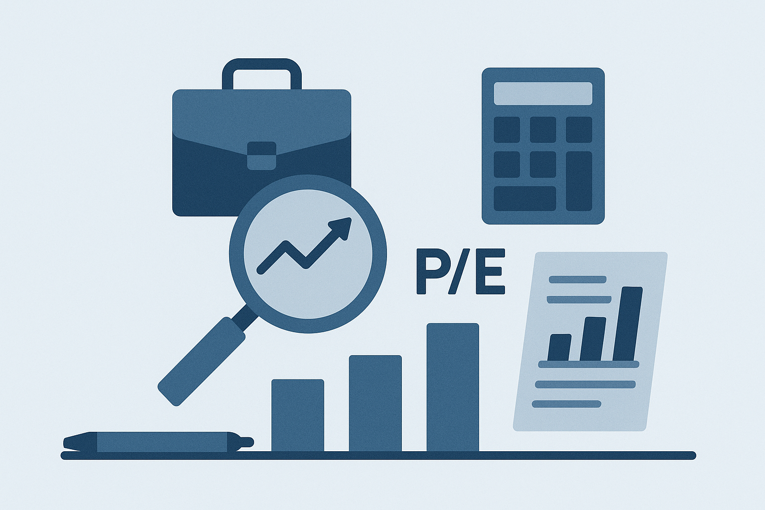 Elementos de análisis de inversiones como lupa sobre un gráfico, PER, documentos y calculadora representan una decisión de inversión informada.