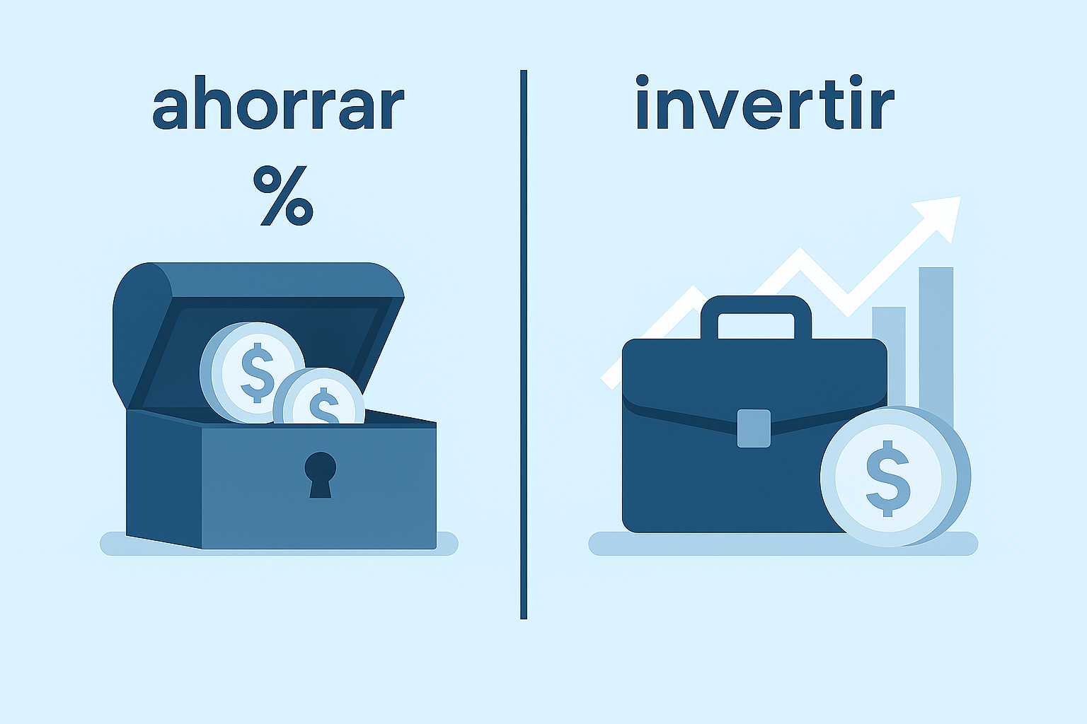 Comparación visual entre ahorrar y invertir. Un cofre con monedas representa el ahorro, mientras que un portafolio y gráfico en alza representan la inversión.