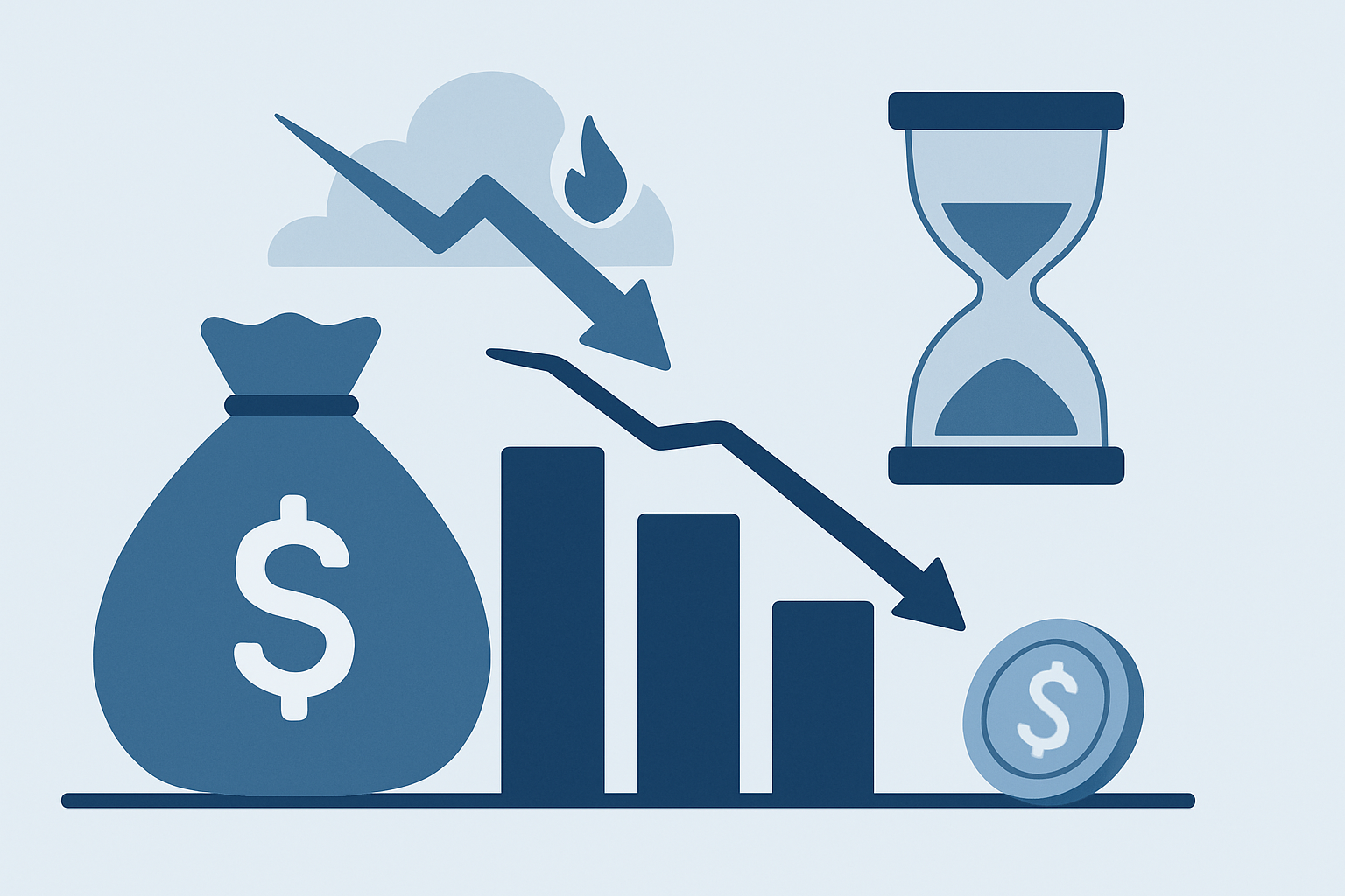 Gráfico descendente, reloj de arena y monedas en disminución ilustran cómo la inflación reduce el valor del dinero con el tiempo.