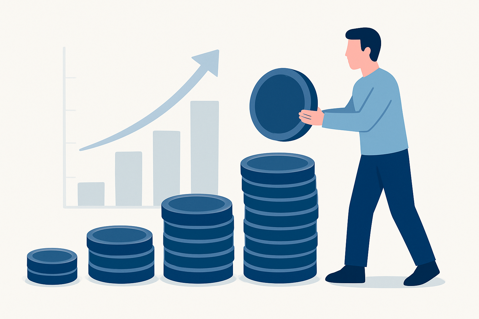 Hombre apilando monedas frente a un gráfico ascendente representa cómo pequeñas inversiones crecen con el tiempo gracias al interés compuesto.