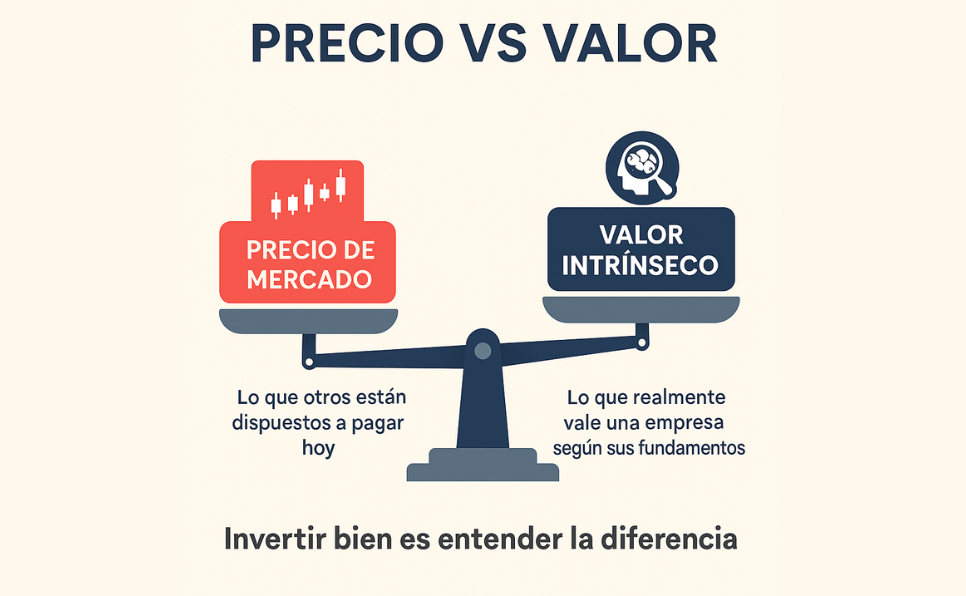Ilustración de una máquina que genera $100 al año mientras un inversionista calcula su valor con una balanza y una calculadora, representando el concepto de valor intrínseco.