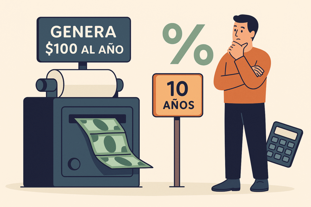 Ilustración de una máquina que genera $100 al año mientras un inversionista calcula su valor con una balanza y una calculadora, representando el concepto de valor intrínseco.