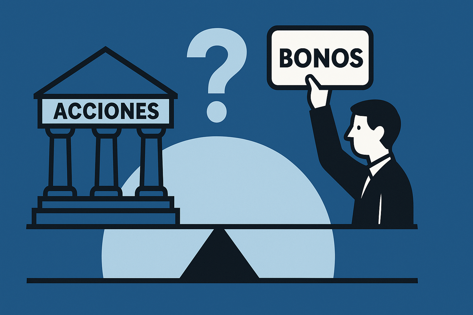 Ilustración vectorial de dos edificios sobre una balanza: uno alto y agrietado rotulado “Alta deuda”, y otro más sólido y bajo como “Más capital propio”, observados por un analista con lupa.