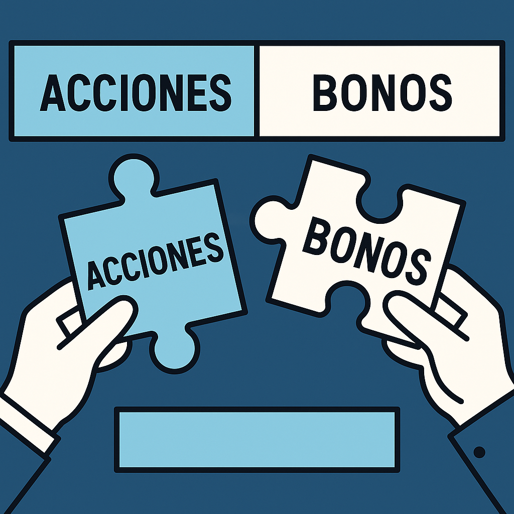 Ilustración vectorial de dos manos uniendo piezas de rompecabezas rotuladas como “Acciones” y “Bonos”, representando las distintas opciones de financiamiento e inversión dentro de la estructura de capital.