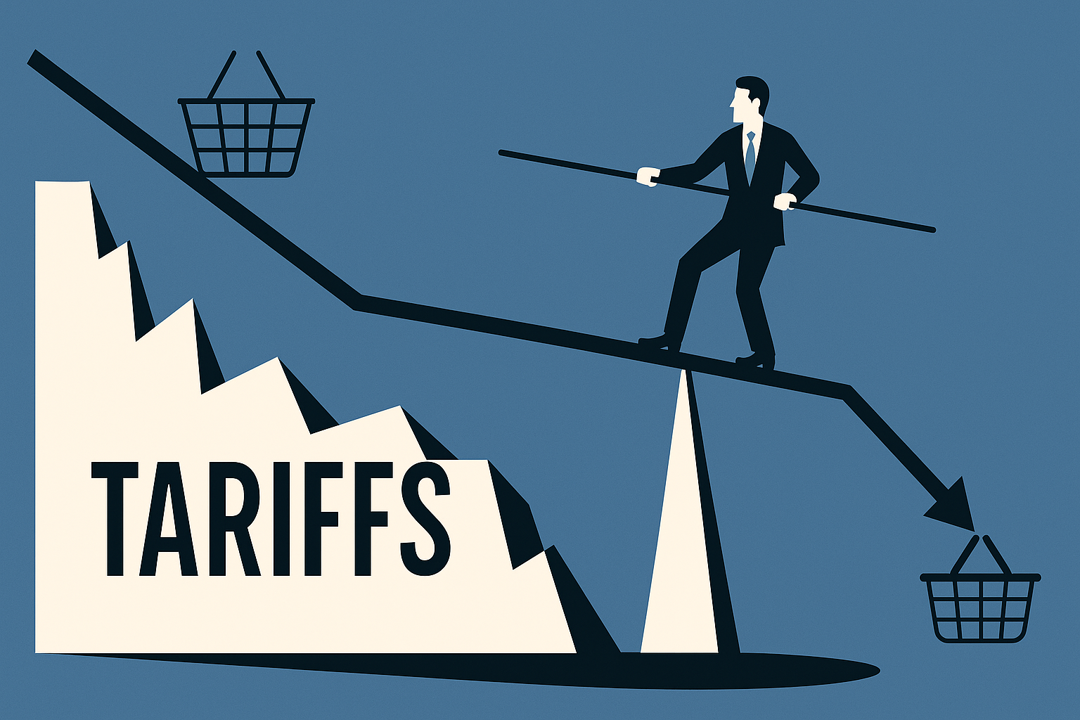 Ilustración vectorial de un empresario caminando sobre una flecha descendente que nace desde una barrera de aranceles, simbolizando el equilibrio fiscal frente al riesgo económico e inflacionario.