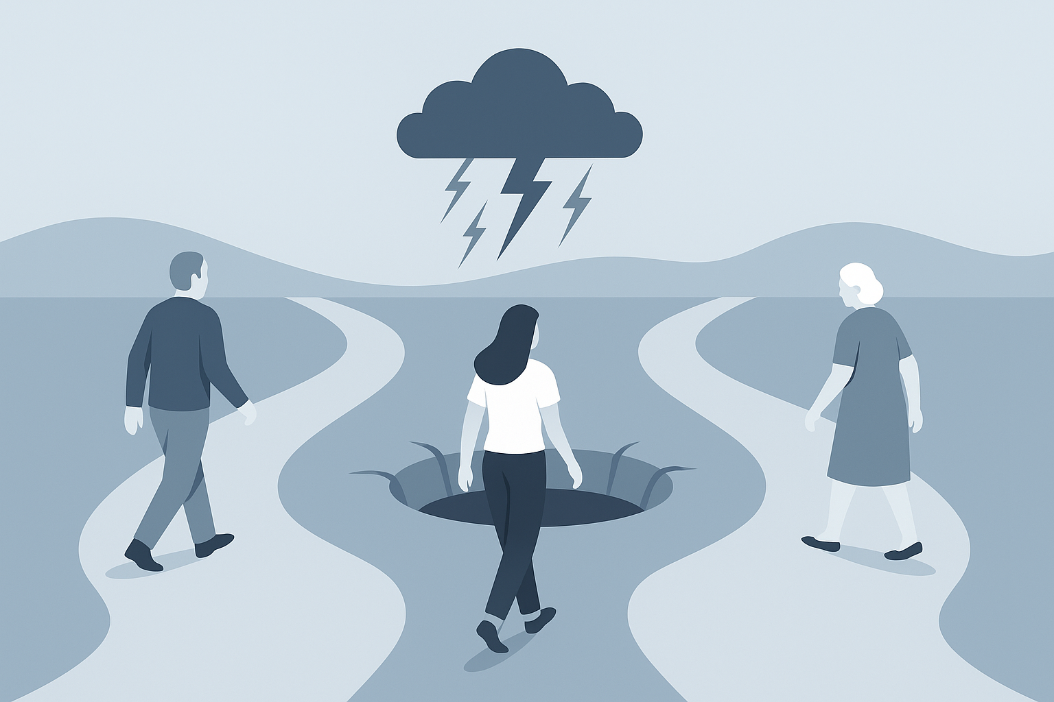 Ilustración que muestra a tres inversionistas distintos convergiendo en el mismo error por falta de estrategia, destacando la importancia del asset allocation.