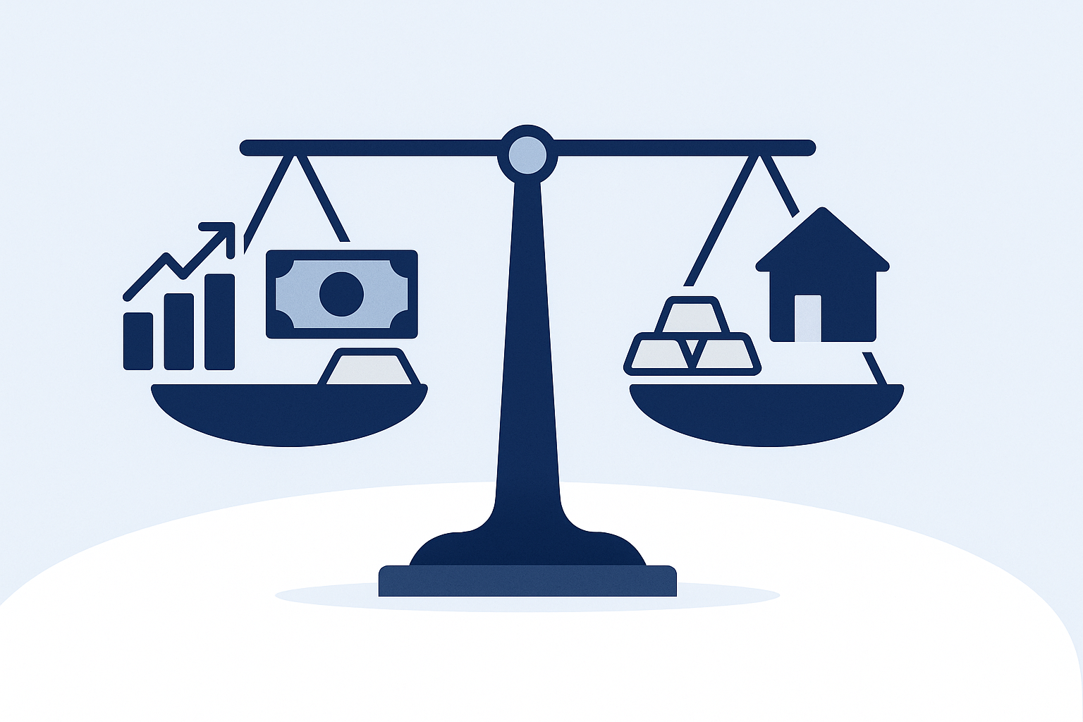 Imagen conceptual de una balanza con distintos activos financieros que representa el equilibrio entre riesgo y retorno en la inversión.