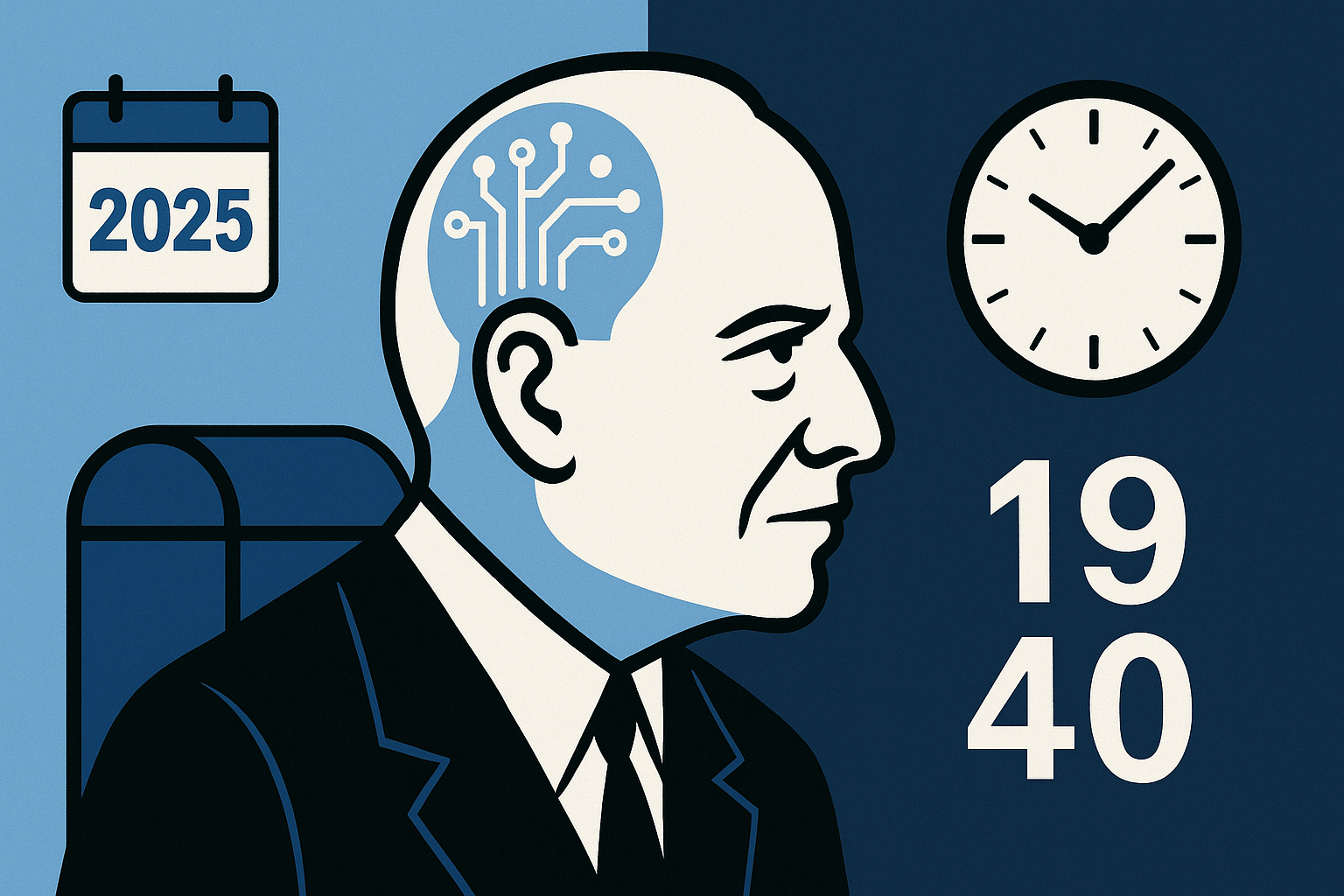 Ilustración de Benjamin Graham con mitad del rostro mirando al pasado y la otra mitad hacia el futuro, con símbolos de tecnología y finanzas históricas.