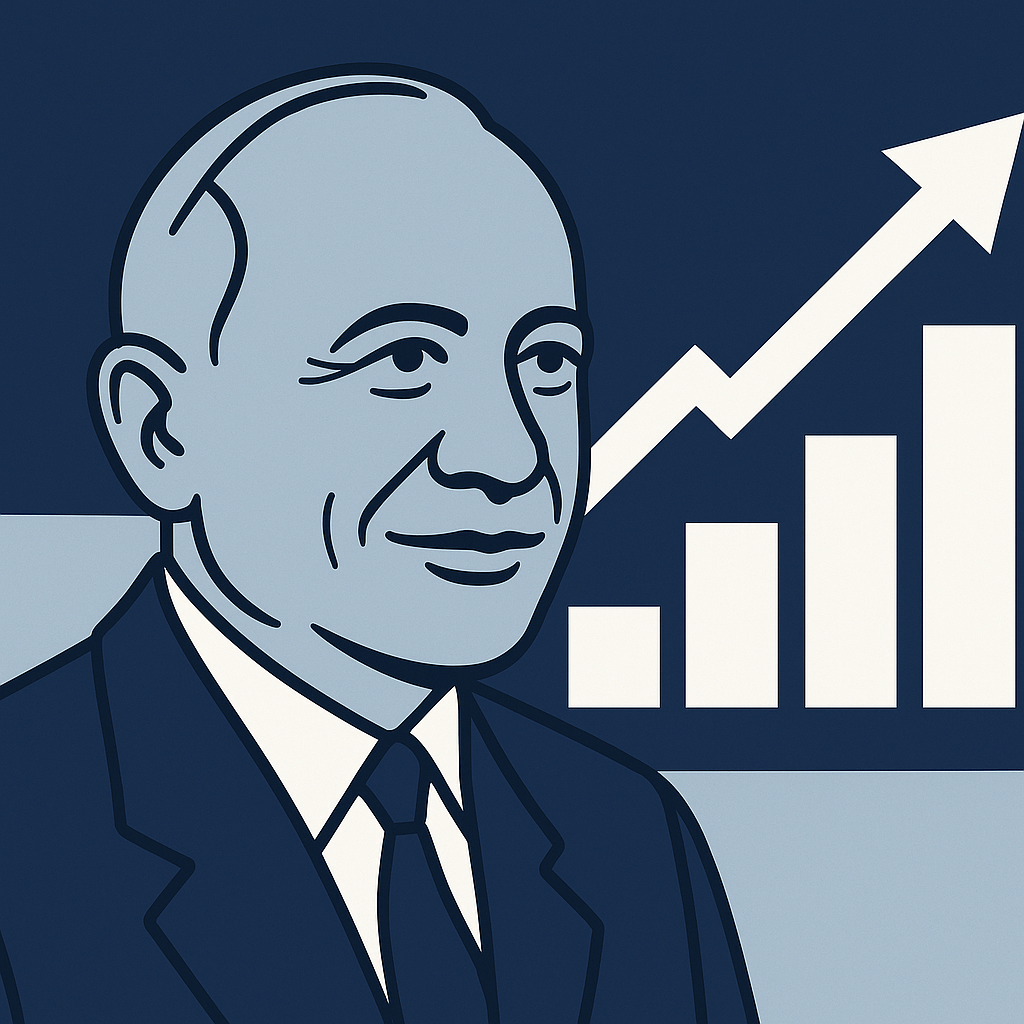 Retrato estilizado de Benjamin Graham con un gráfico ascendente detrás, simbolizando su impacto duradero en la educación financiera y el crecimiento racional del capital.