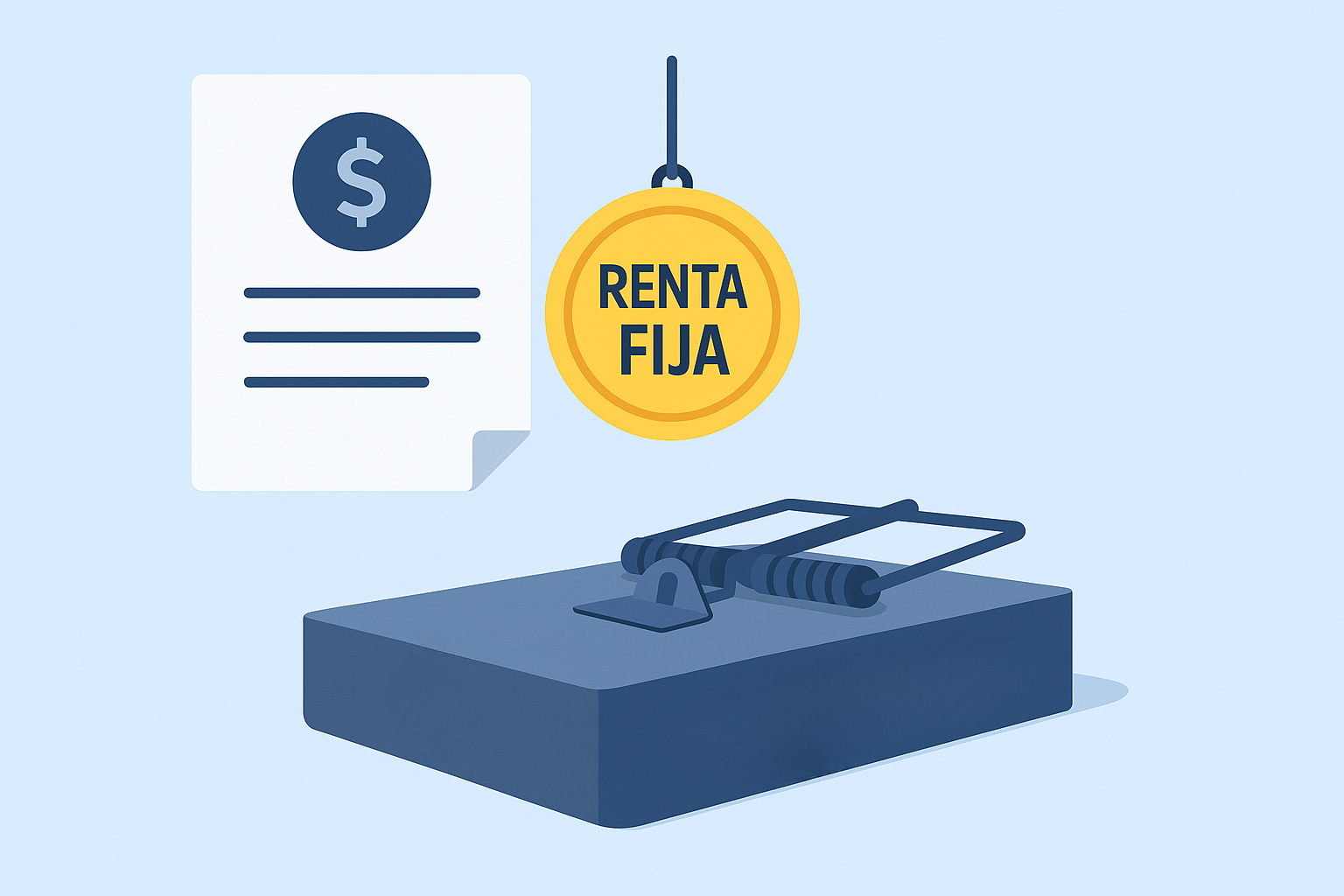 Ilustración vectorial en estilo flat que muestra un bono etiquetado como “Renta Fija” colgando sobre una trampa, simbolizando cómo algunos instrumentos de renta fija pueden atraer con promesas de seguridad, pero esconden riesgos financieros. Imagen conceptual, educativa y reflexiva.