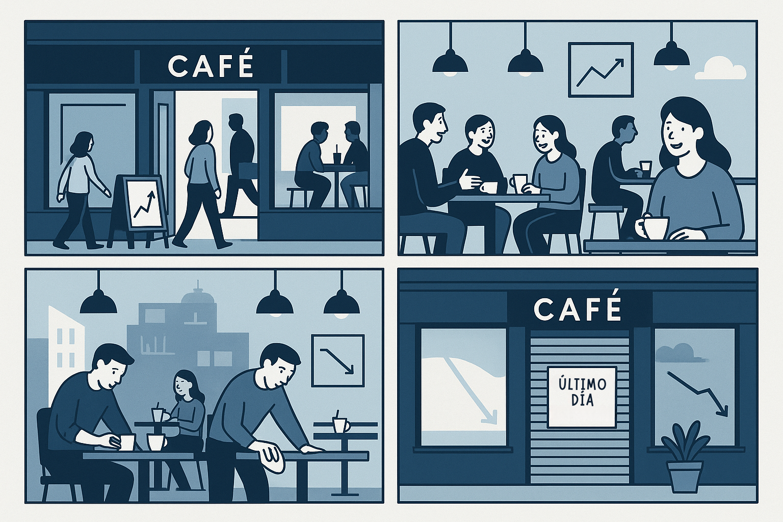 Ilustración en cuatro viñetas que muestra las fases del ciclo económico —expansión, auge, contracción y recesión— a través de la evolución de una cafetería, desde su apertura hasta su cierre.