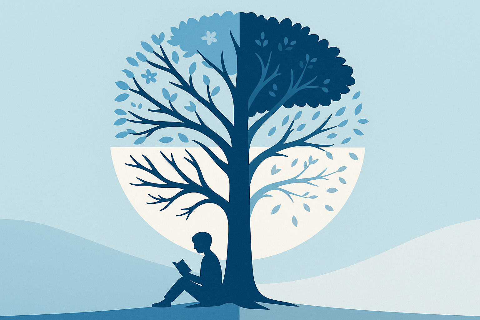 Ilustración de un árbol dividido en cuatro estaciones —primavera, verano, otoño e invierno— representando los ciclos del mercado y la evolución natural del tiempo en las inversiones.