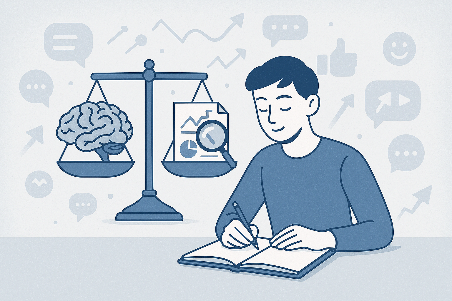 Persona escribiendo en un cuaderno frente a una balanza con un cerebro y una lupa sobre gráficos, rodeado de íconos de redes sociales, destacando el juicio individual al invertir.