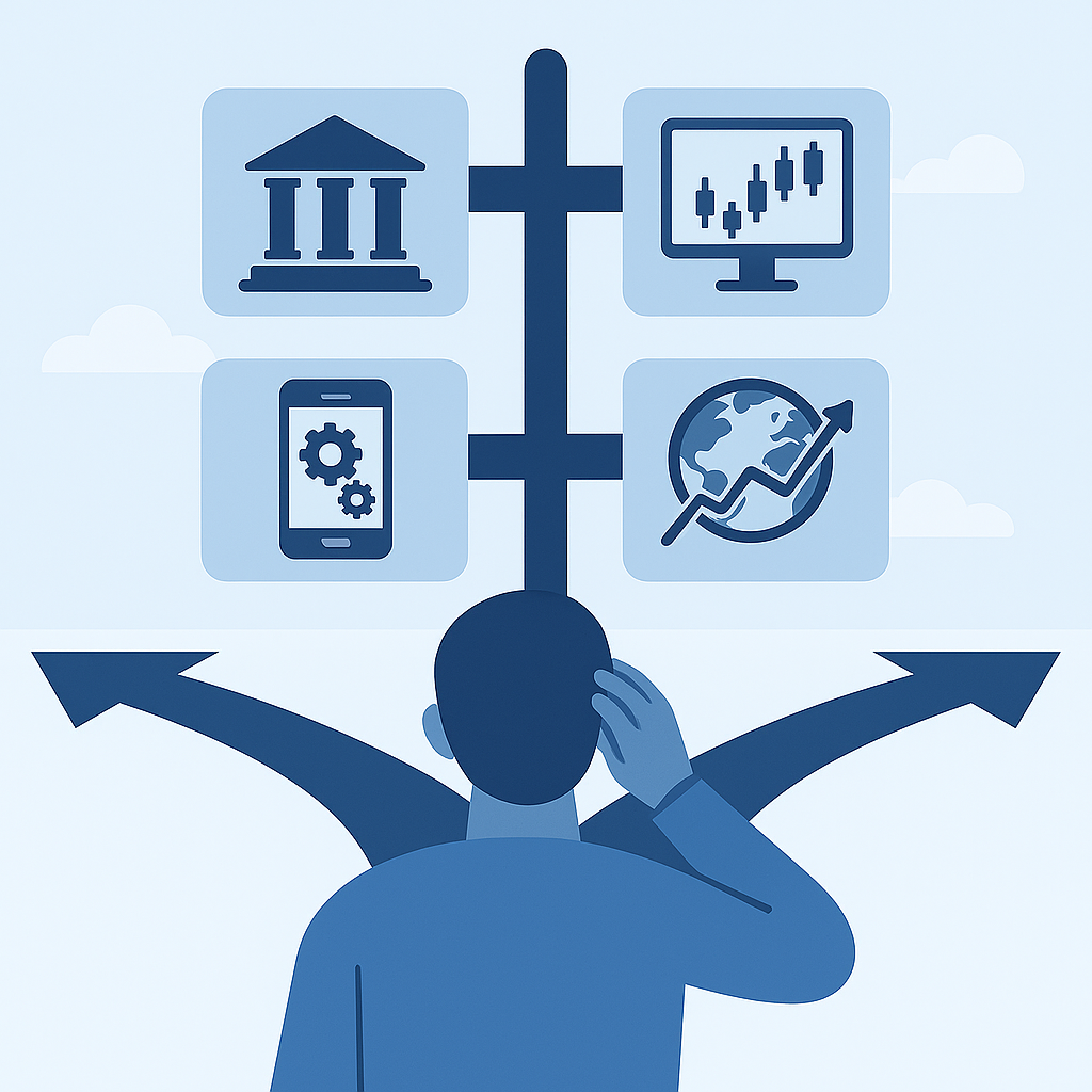 Persona en una encrucijada con señales hacia banco, corredora, AGF digital y broker global. Representación visual de las opciones para empezar a invertir desde Chile.