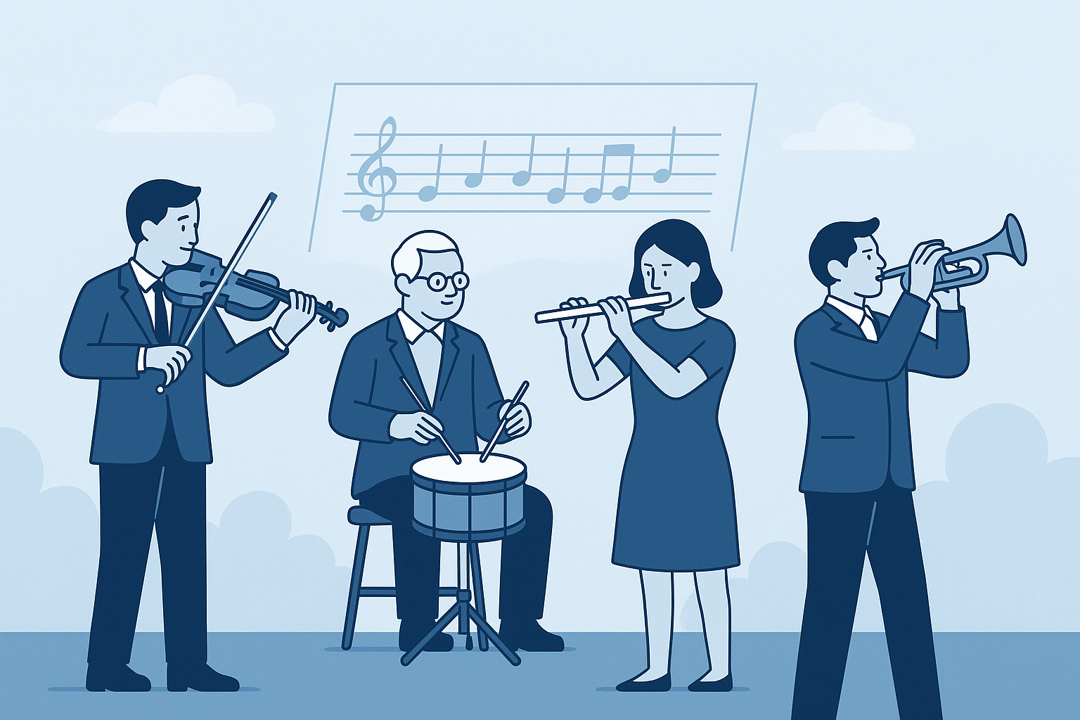 Representación metafórica de la diversificación de inversiones como una orquesta con distintos instrumentos que trabajan en armonía.