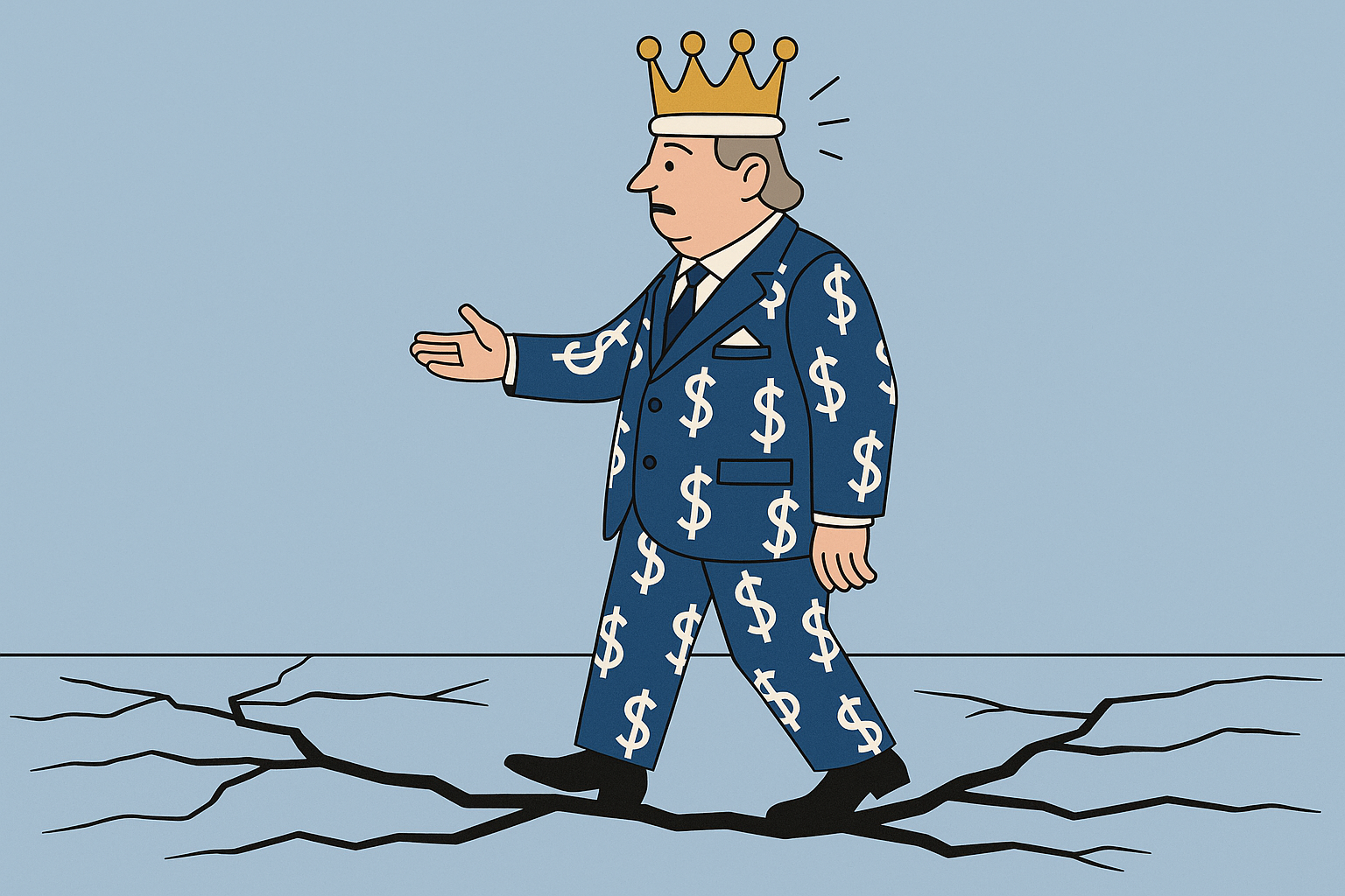 Inversionista con traje ostentoso decorado con símbolos de dólar caminando sobre tierra agrietada, simbolizando valor aparente sin sustento.