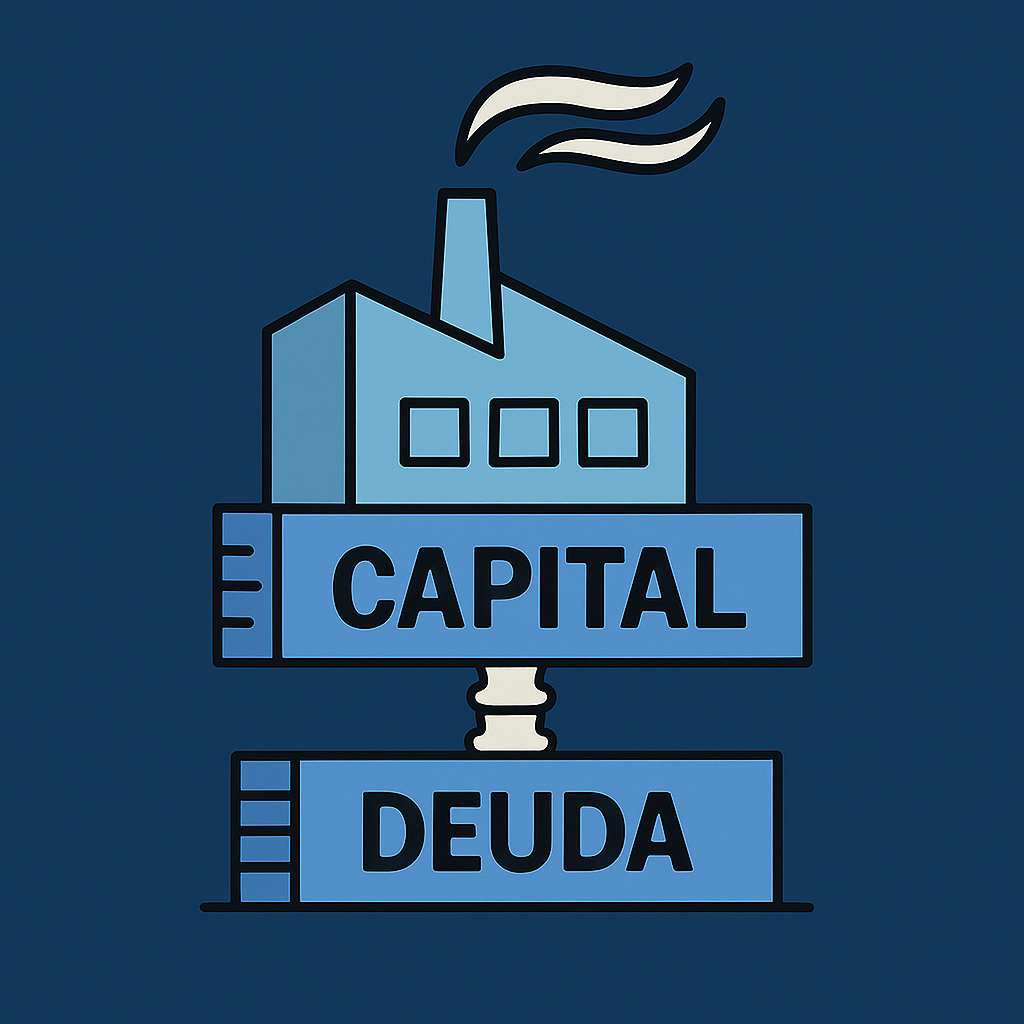Ilustración vectorial de una fábrica apoyada sobre bloques rotulados como “Capital” y “Deuda”, simbolizando la estructura de financiamiento que sostiene a la empresa.