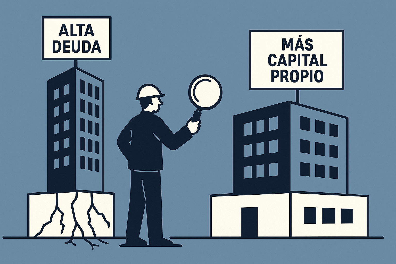 Ilustración vectorial de dos edificios: uno alto con cimientos agrietados marcado como “Alta deuda”, y otro más sólido con base ancha etiquetado como “Más capital propio”, observados por un inversionista con lupa.