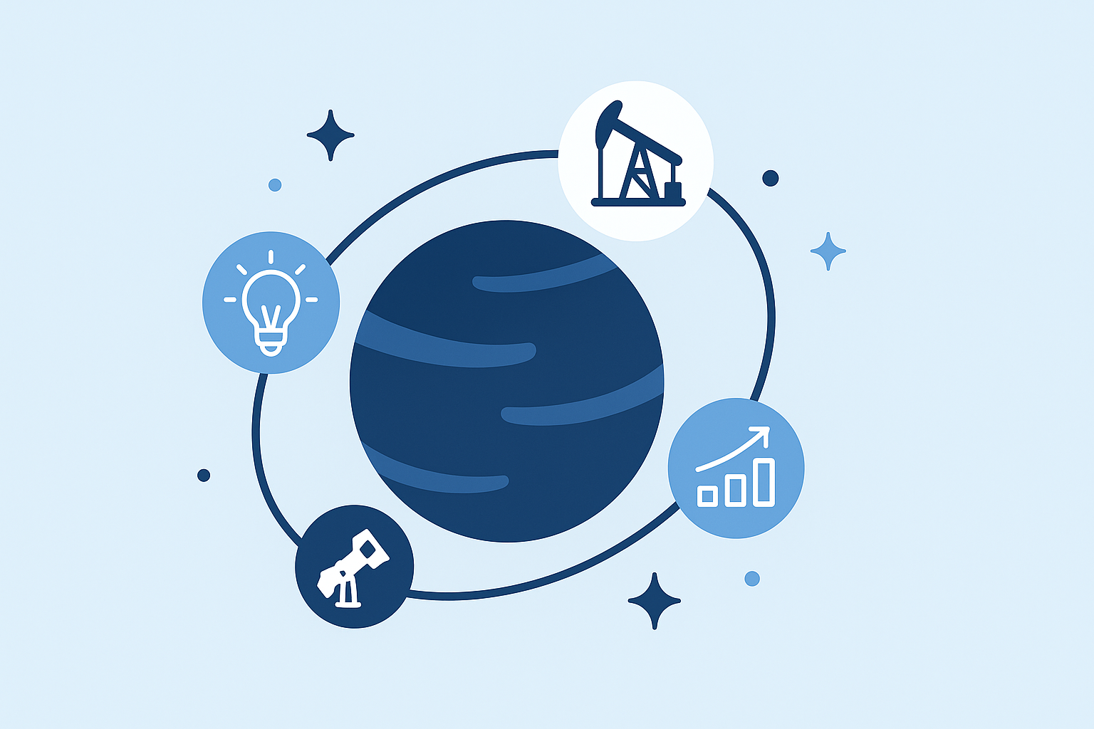 Ilustración que representa el enfoque Núcleo-Satélite con un planeta central y activos orbitando, ideal para visualizar la estructura moderna del portafolio.