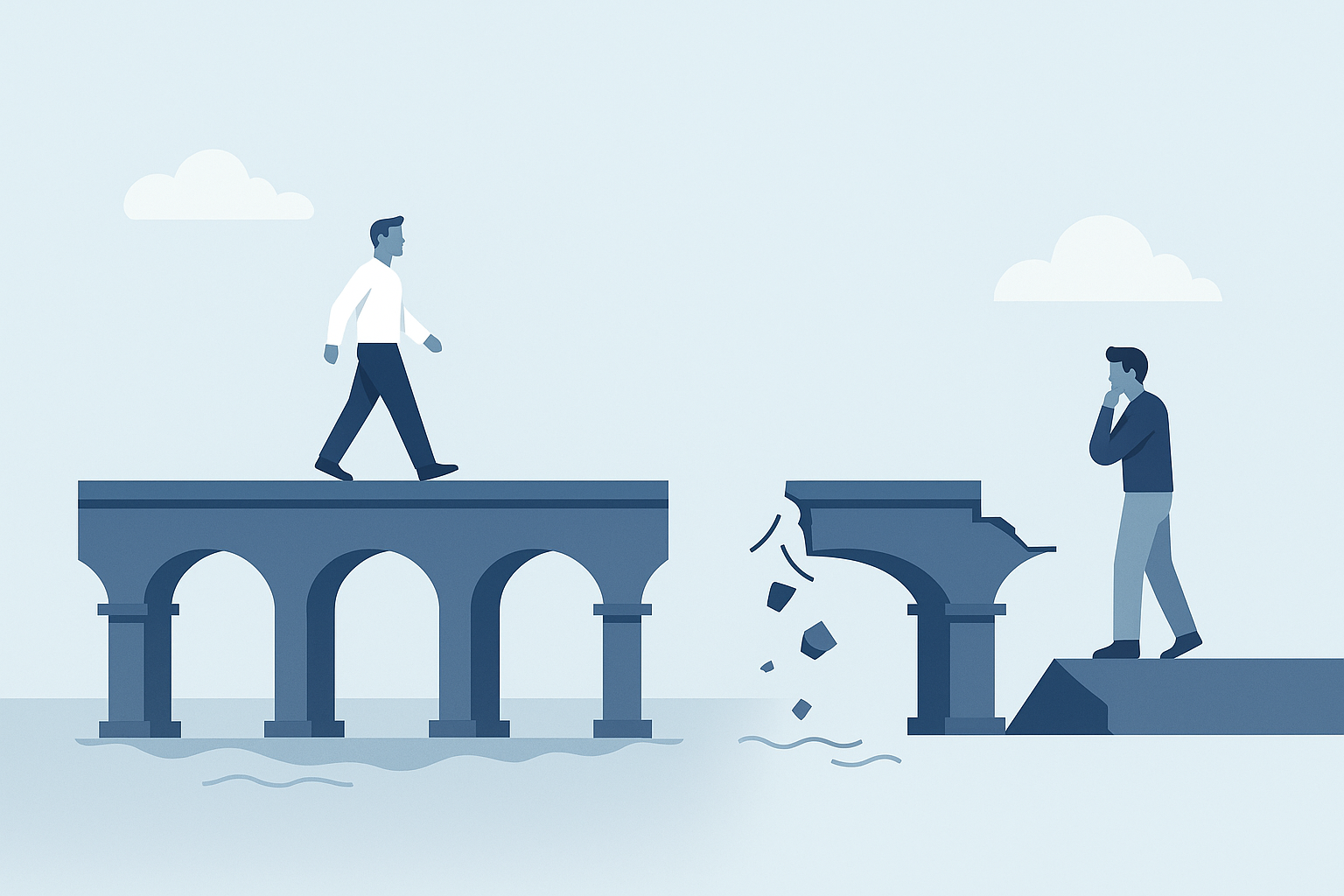 Imagen que compara un puente firme con uno roto para ilustrar la diferencia entre invertir con estructura o por impulso.