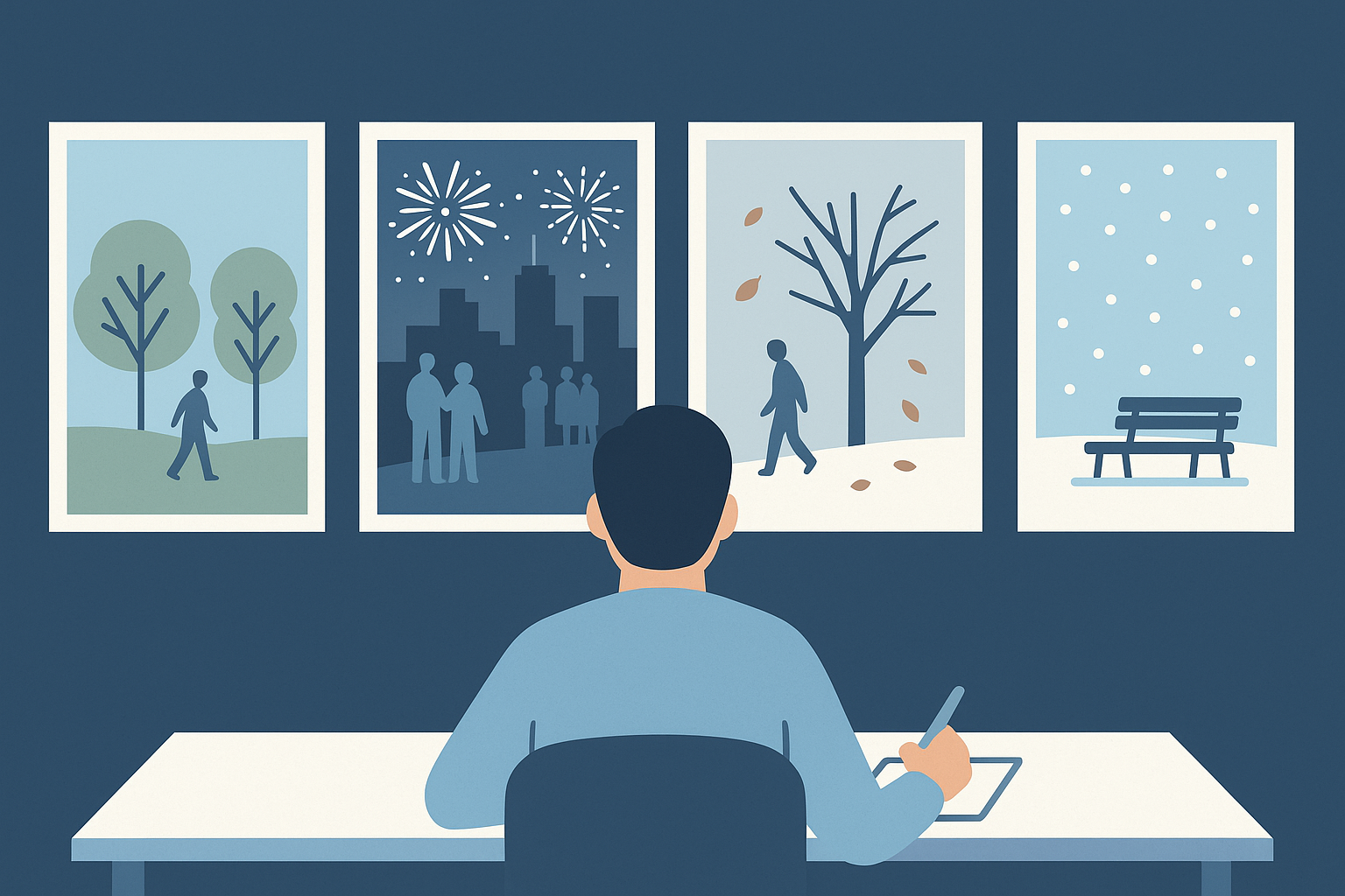 Ilustración conceptual que muestra las cuatro fases del ciclo económico —expansión, auge, contracción y recesión— como paisajes vistos desde ventanas, representando el paso del tiempo y la observación reflexiva en el mundo de las inversiones.