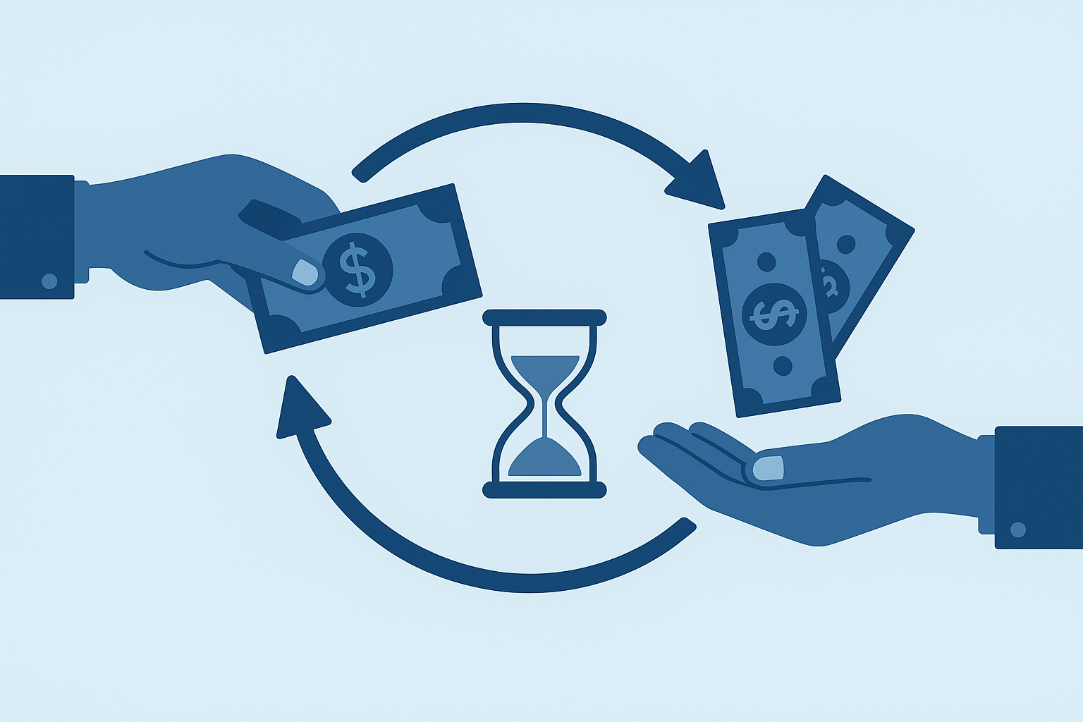 Ilustración vectorial estilo flat que muestra el ciclo de un bono: el inversionista presta dinero y recibe pagos con el tiempo. Incluye una mano entregando dinero, un reloj de arena y una flecha de retorno, representando el mecanismo básico de la renta fija.