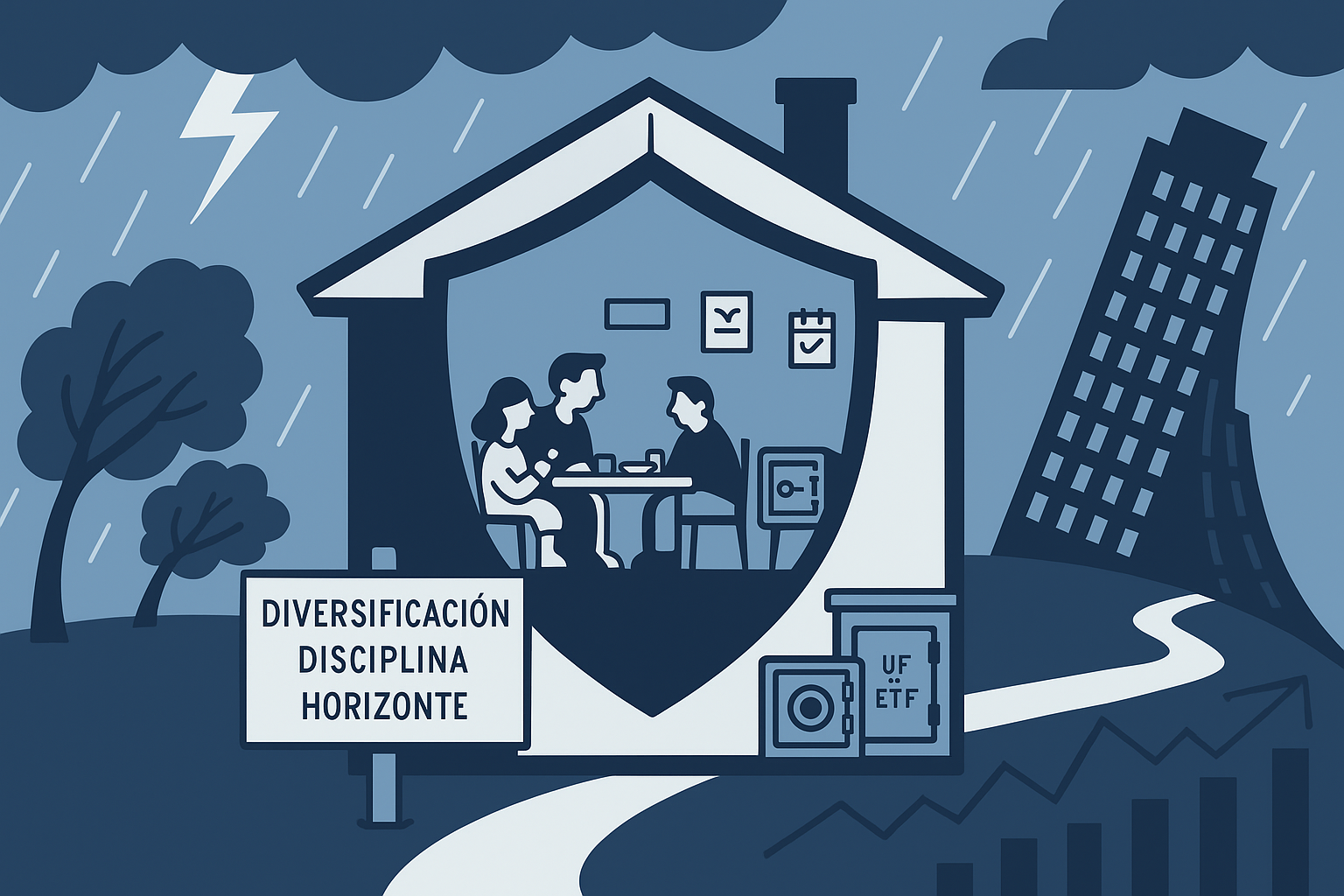 Ilustración de una casa con techo en forma de escudo protegiendo a una familia durante una tormenta financiera, simbolizando la estabilidad de la inversión defensiva.
