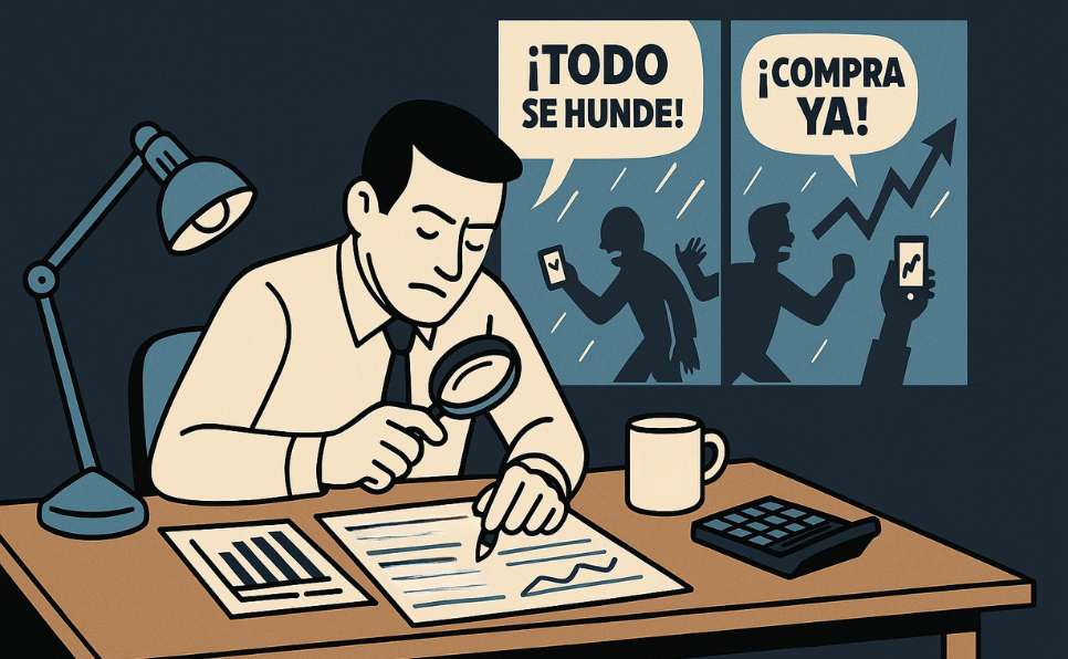 Ilustración de un inversor enfocado estudiando valores fundamentales mientras afuera hay pánico financiero y mensajes contradictorios.