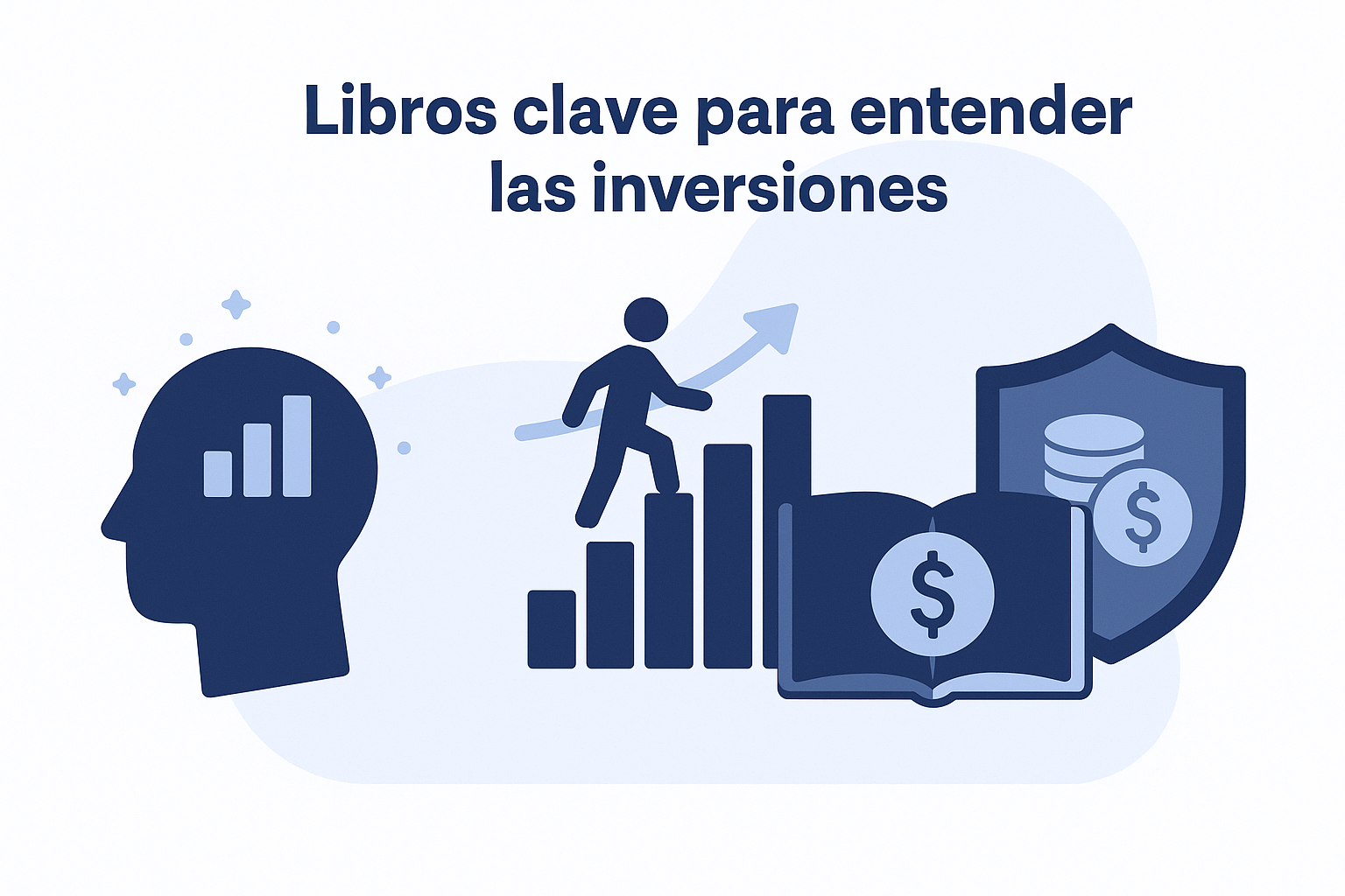Ilustración conceptual que representa el aprendizaje en inversiones a través de libros. Incluye íconos de crecimiento financiero, desarrollo personal, estrategia de inversión y protección patrimonial.