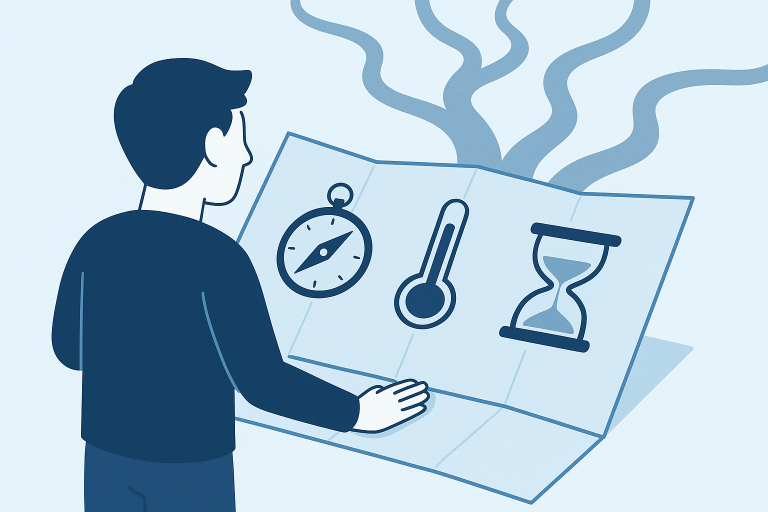 Ilustración vectorial de un inversionista analizando un mapa estratégico con símbolos de brújula, termómetro y reloj de arena, representando propósito, riesgo y plazo.