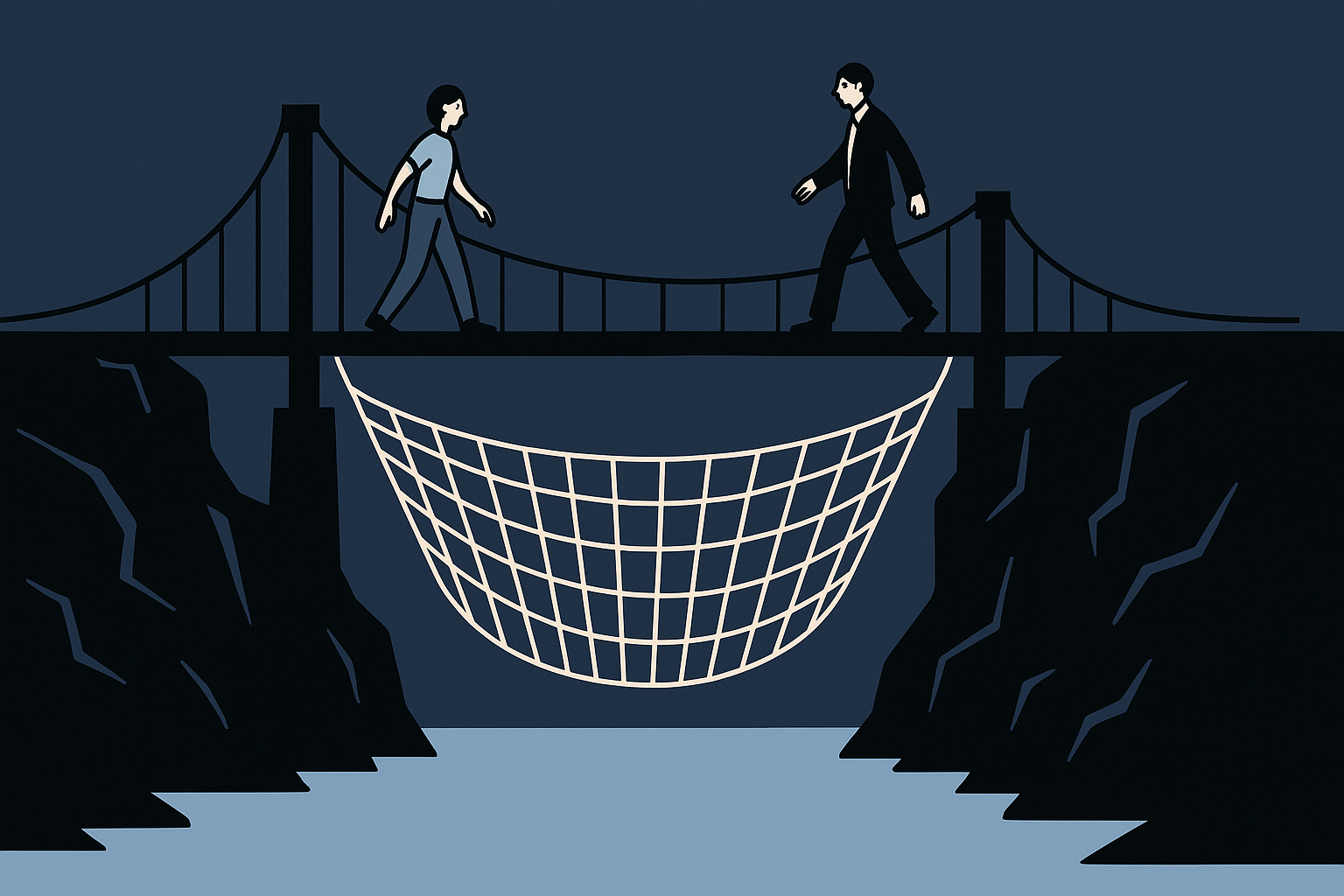 Ilustración de dos personas cruzando un puente colgante sobre un abismo, con una red de seguridad debajo, representando el concepto de margen de seguridad en inversiones.