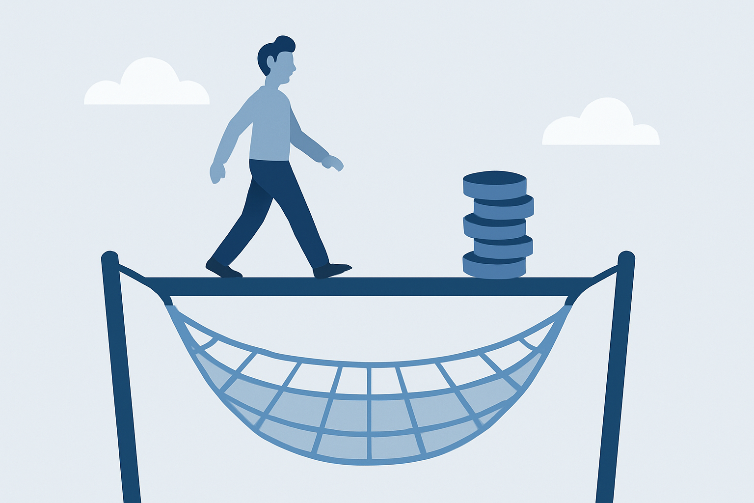 Ilustración conceptual del margen de seguridad en inversiones: una persona avanza con confianza sobre una viga protegida por una red, simbolizando decisiones con protección frente al riesgo.