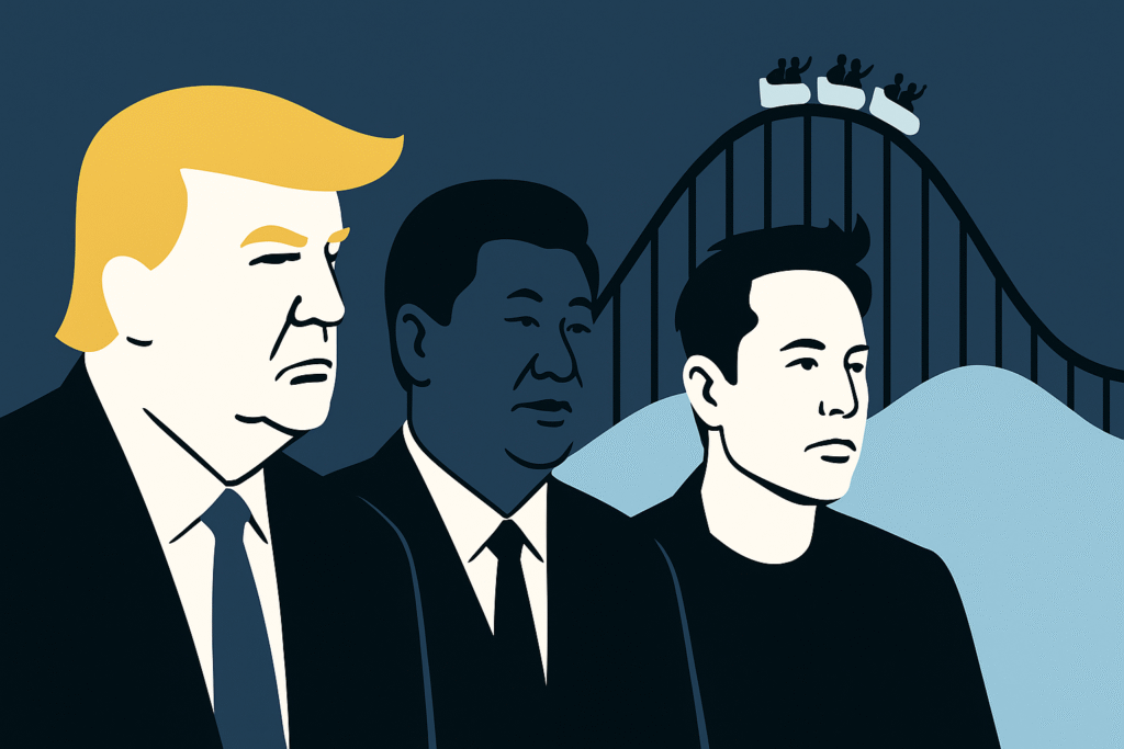 Ilustración vectorial minimalista que representa a Trump, Xi Jinping y Elon Musk en una montaña rusa conceptual, simbolizando la volatilidad del mercado global en 2025.