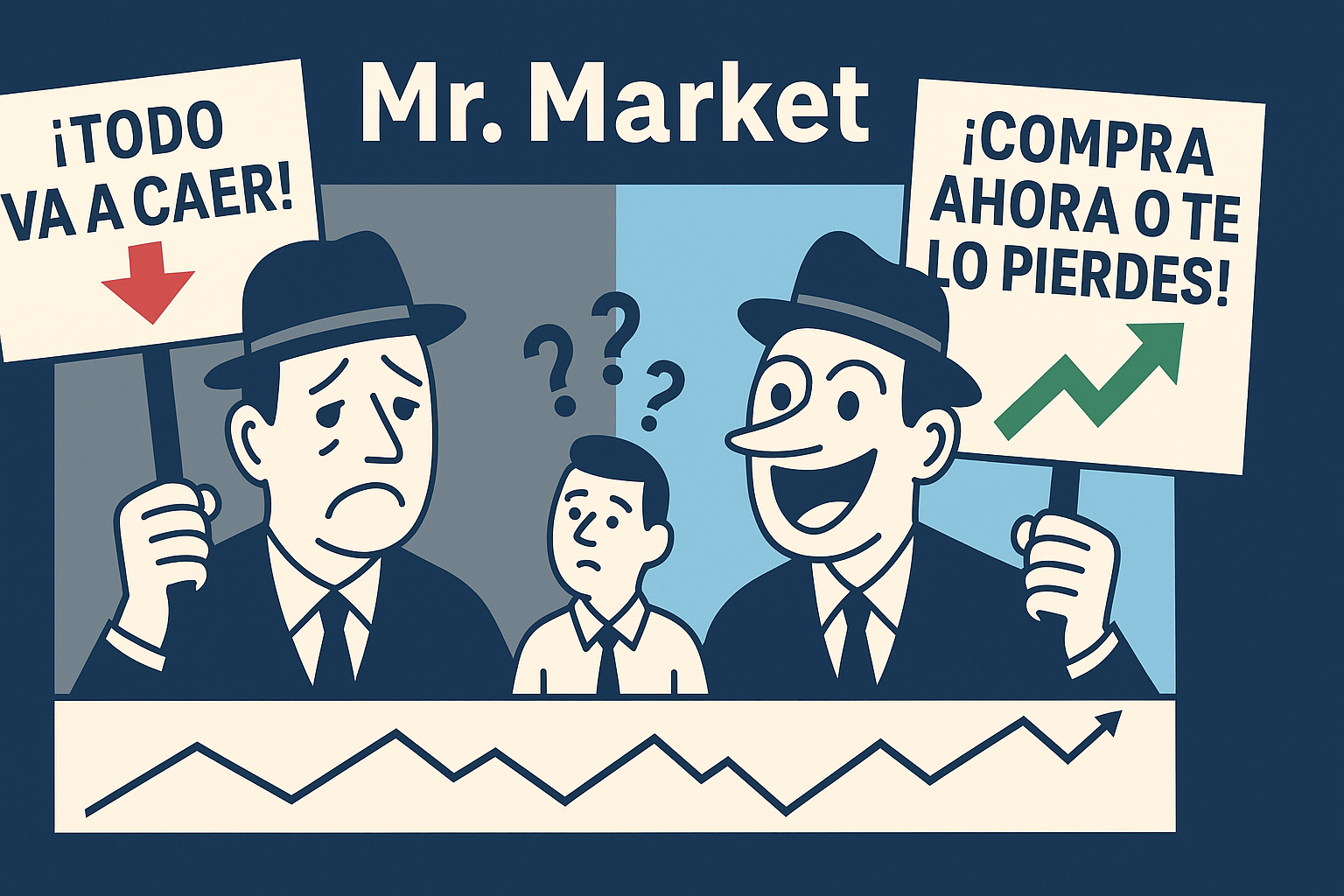 Ilustración dividida con Mr. Market en modo pesimista y optimista, mostrando mensajes emocionales opuestos ante un inversionista confundido, con un gráfico de precios en la parte inferior.