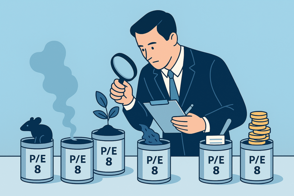 Ilustración conceptual de un analista examinando latas etiquetadas como “P/E 8” en un entorno de laboratorio, mostrando cómo el mismo múltiplo puede esconder realidades muy distintas: desde crecimiento hasta riesgo.