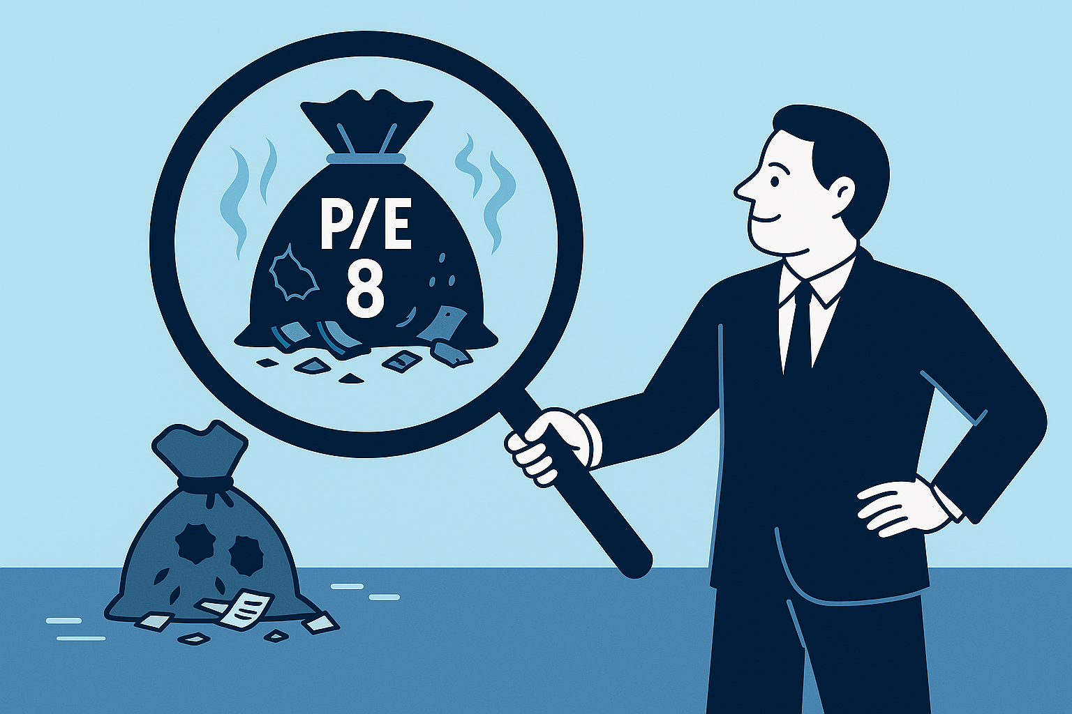 Ilustración de un inversionista examinando una bolsa dañada etiquetada como “P/E 8”, revelando riesgos ocultos detrás de un múltiplo atractivo.