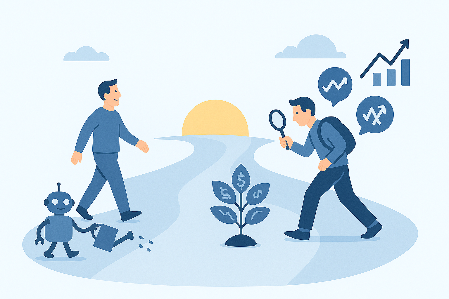 Ilustración conceptual de dos caminos: uno pasivo con un robot regando una planta, y otro activo con un inversionista analizando gráficos. Ambos se dirigen al mismo horizonte.