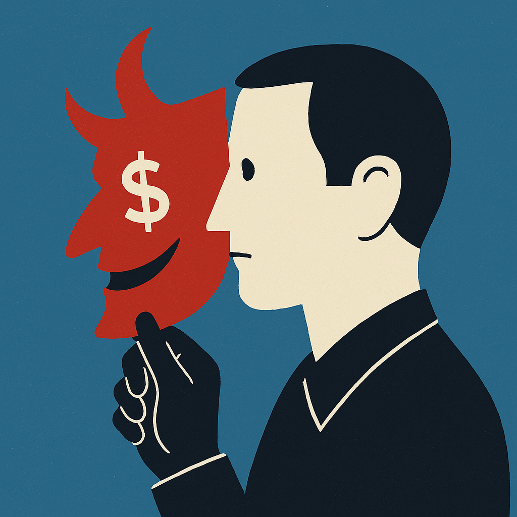 Una figura humana con una máscara de confianza que cae, revelando miedo, simboliza cómo las emociones influyen en las decisiones financieras.