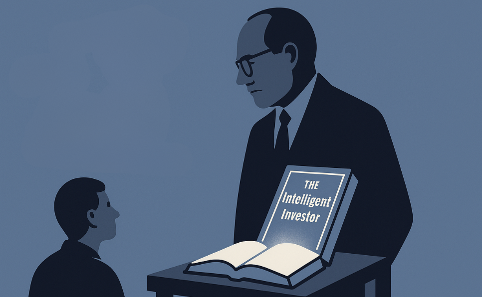Ilustración de Benjamin Graham observando un ejemplar abierto de The Intelligent Investor, mientras un aprendiz lo escucha; rodeados de íconos de valor y precio.