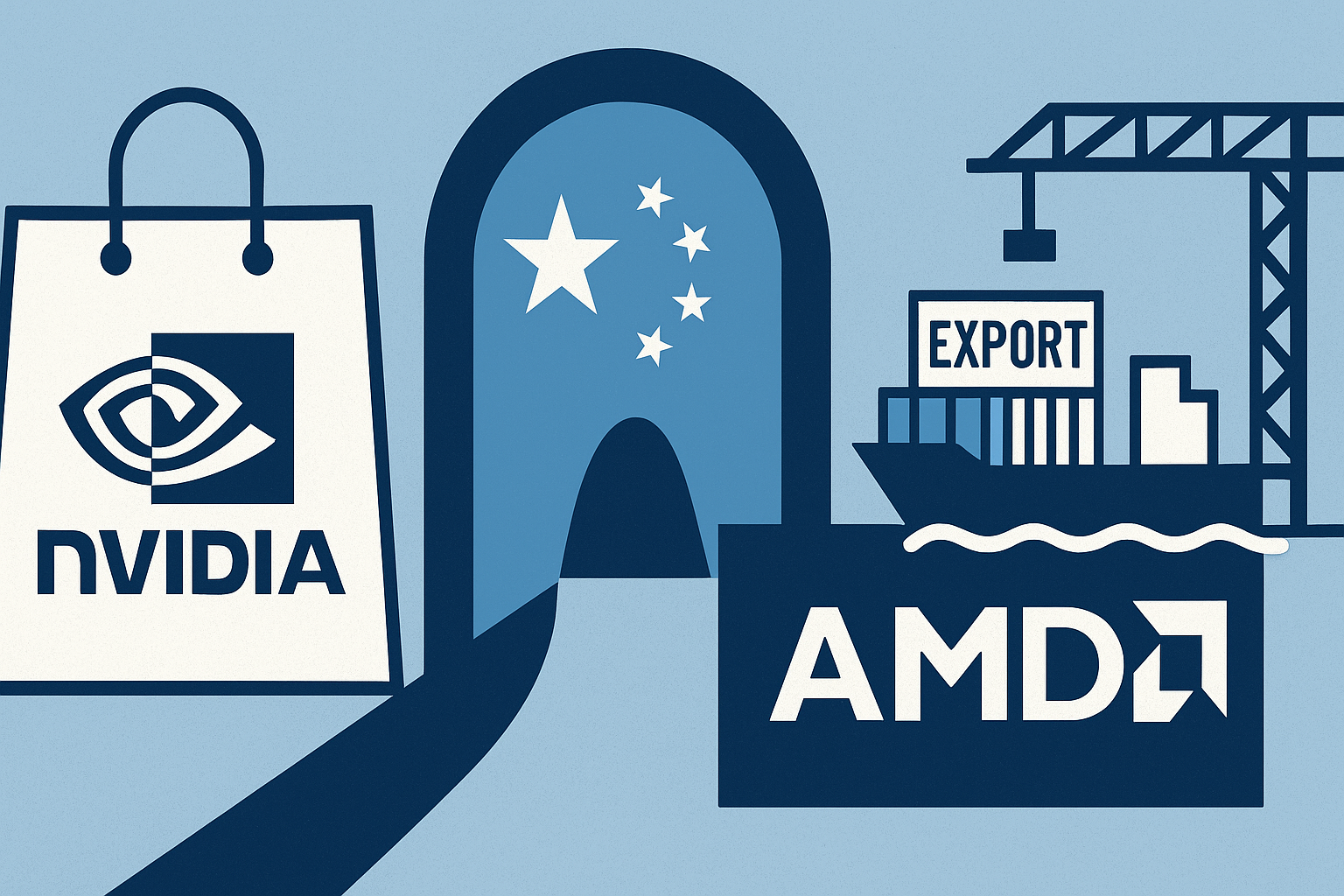 Ilustración vectorial minimalista que muestra dos figuras tecnológicas representando a Nvidia y AMD observando un flujo de chips atravesando una frontera simbólica entre China y Estados Unidos, reflejando el alivio en las restricciones de exportación y su impacto bursátil en 2025.
