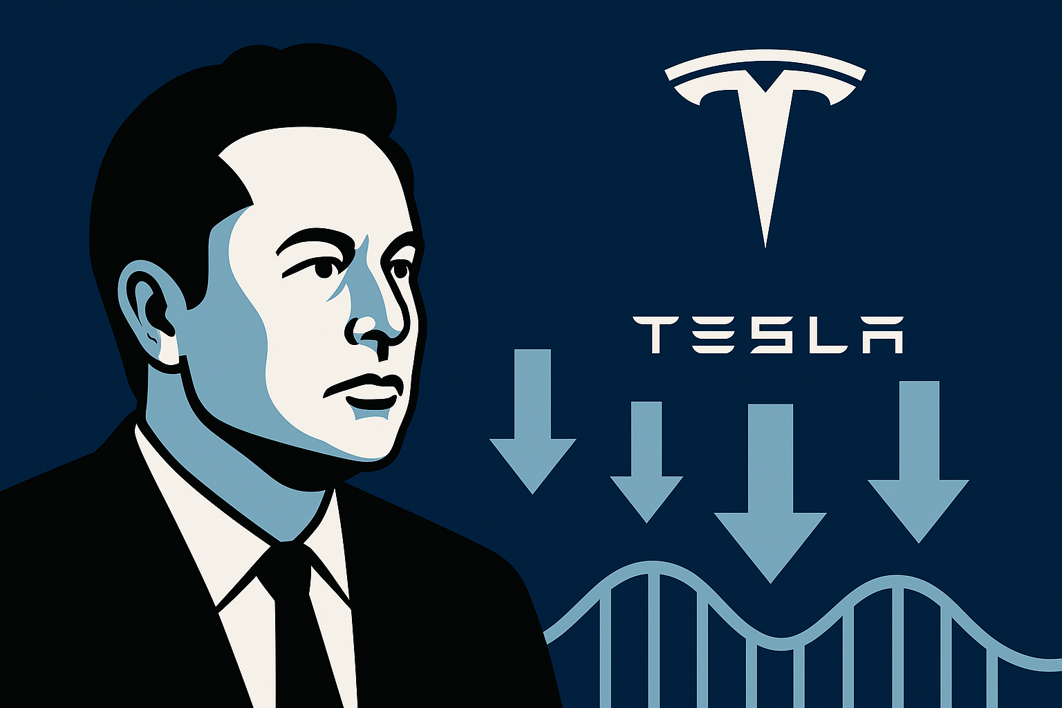 Ilustración vectorial minimalista que representa a Elon Musk sobre una montaña rusa simbólica junto al logo de Tesla descendiendo, reflejando el impacto de conflictos públicos en la reputación empresarial y en las calificaciones bursátiles en 2025.