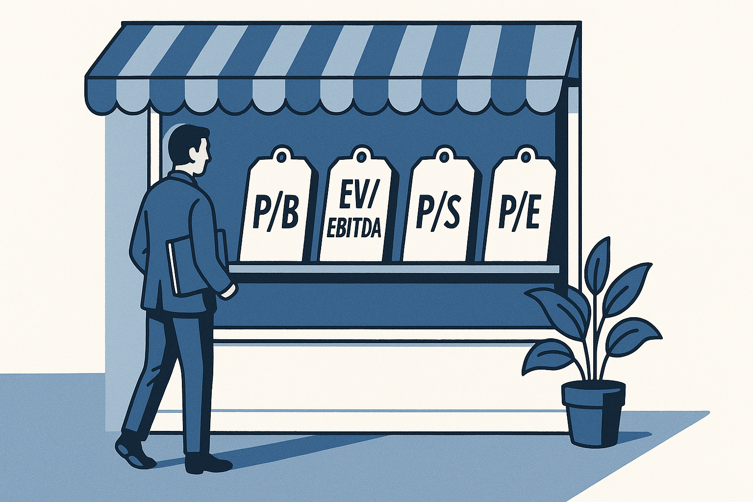 Ilustración de un inversionista observando una vitrina con etiquetas de múltiplos financieros, simbolizando la superficialidad del “shopping de ratios”.
