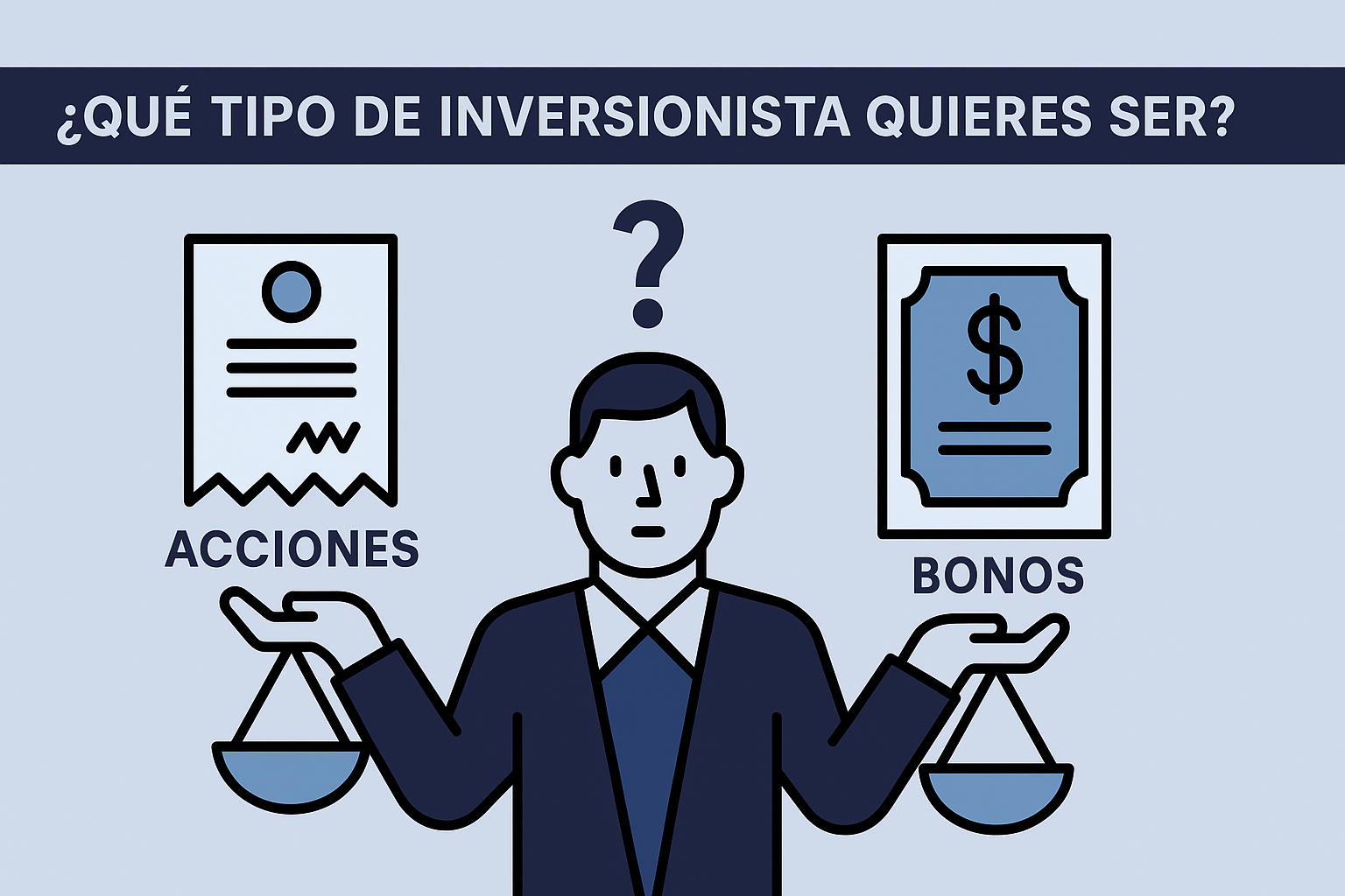 Ilustración vectorial de un inversionista con una balanza en cada mano, comparando acciones y bonos, con un signo de interrogación sobre su cabeza y la frase “¿Qué tipo de inversionista quieres ser?”