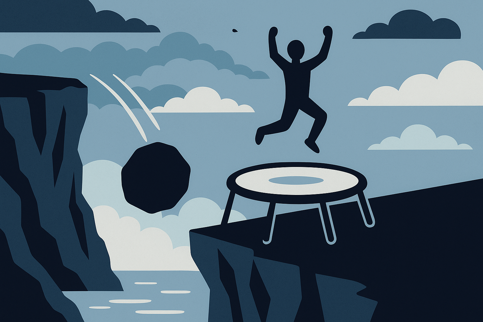Ilustración minimalista de una figura humana saltando en un trampolín al borde de un precipicio, mientras una roca cae al vacío, representando la resiliencia de la economía frente a pronósticos de recesión.