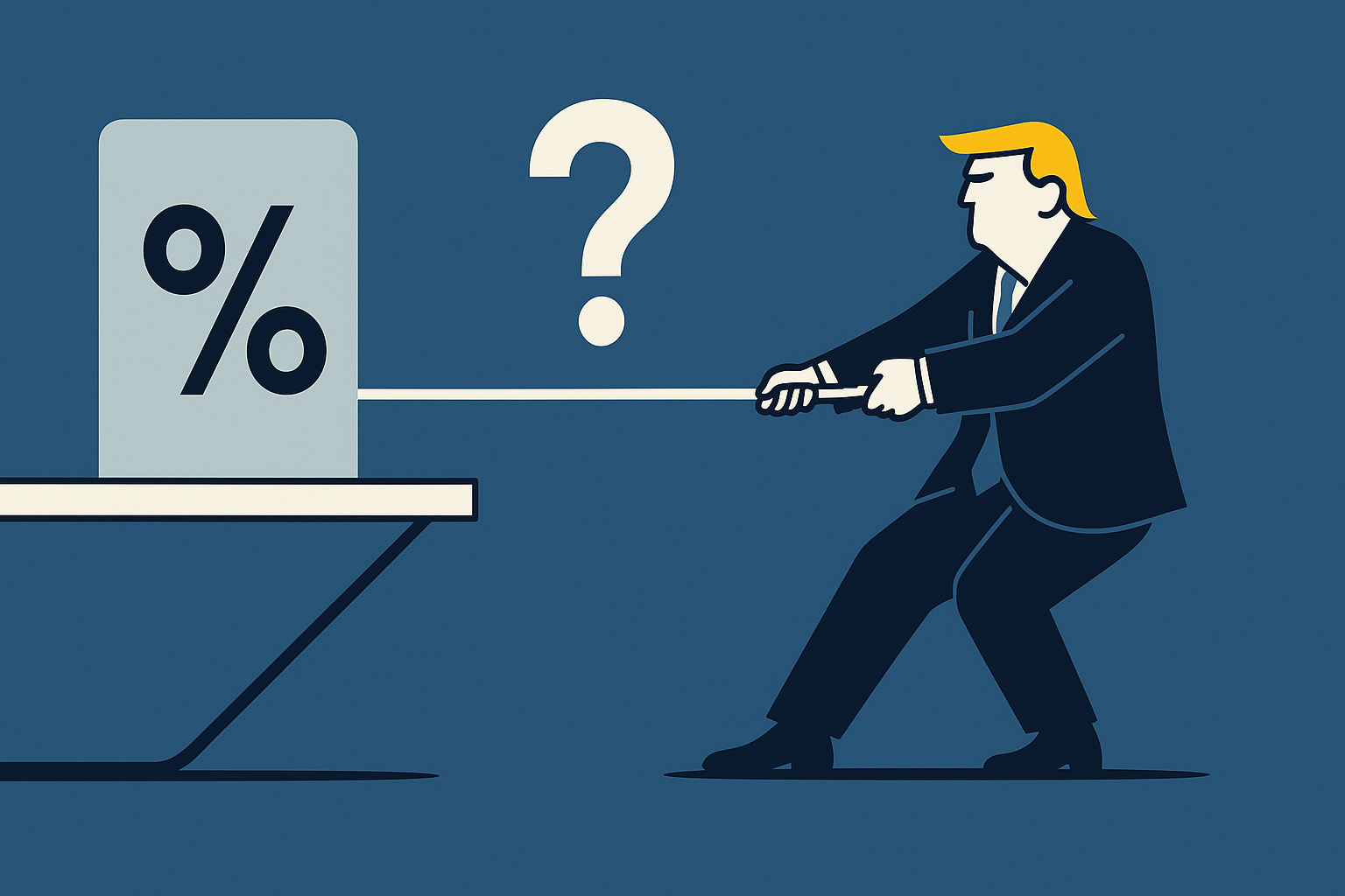 Ilustración vectorial de Donald Trump tirando de una cuerda contra un símbolo de porcentaje, representando la presión política para recortar las tasas de interés en EE.UU.