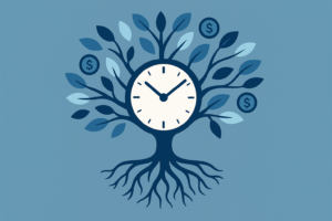 Ilustración conceptual de un árbol con centro de reloj, que representa cómo el tiempo bien invertido puede generar crecimiento financiero a largo plazo.