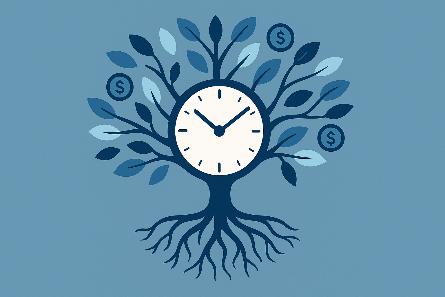 Ilustración conceptual de un árbol con centro de reloj, que representa cómo el tiempo bien invertido puede generar crecimiento financiero a largo plazo.