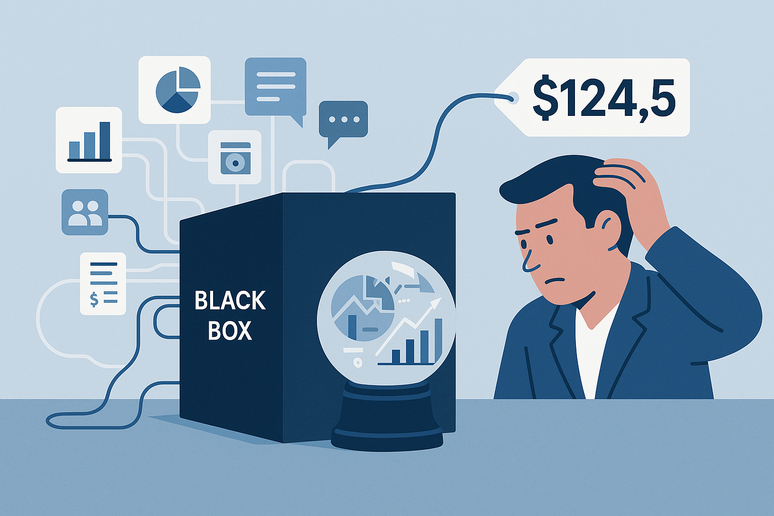 Caja negra procesa múltiples datos financieros y entrega un número, mientras un analista luce confundido, simbolizando la falta de transparencia de ciertos modelos.