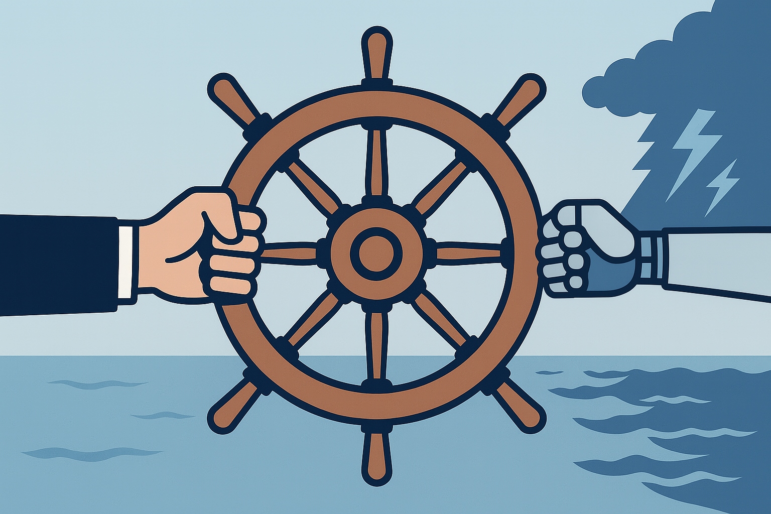 Mano humana y mano robótica disputan el control de un timón de barco, ilustrando la tensión entre automatización y juicio en la valoración financiera.
