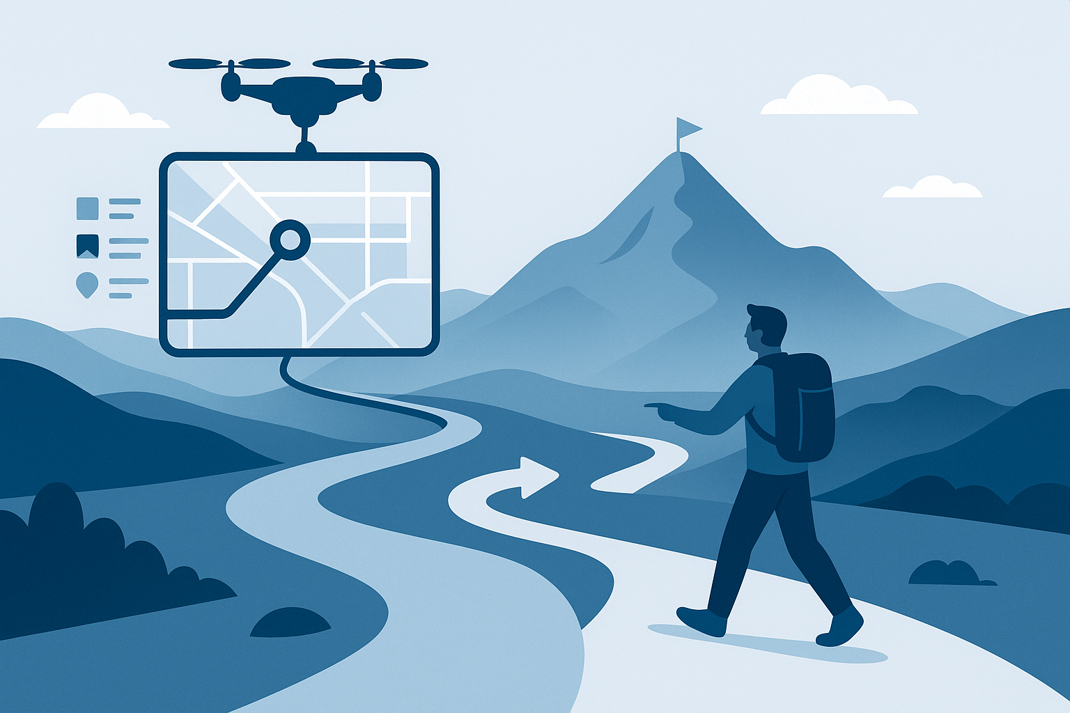 Inversionista camina por un sendero montañoso ignorando la ruta sugerida por un dron, enfatizando el valor del criterio personal frente a las recomendaciones algorítmicas.